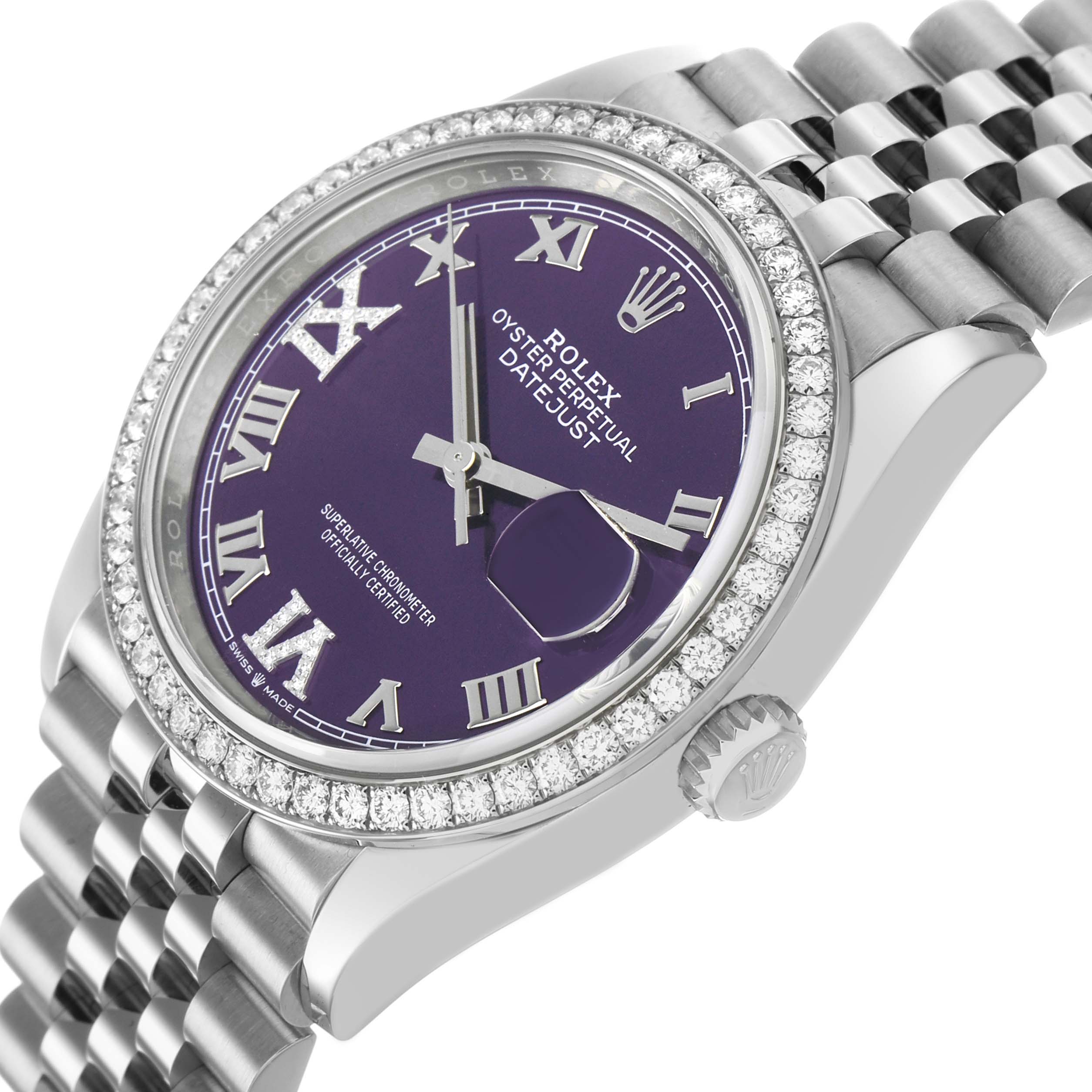 The Rolex Datejust 126284 Men's Stainless Steel Purple Dial watch is shown at a slight side angle, revealing the face, crown, bezel, and part of the bracelet.