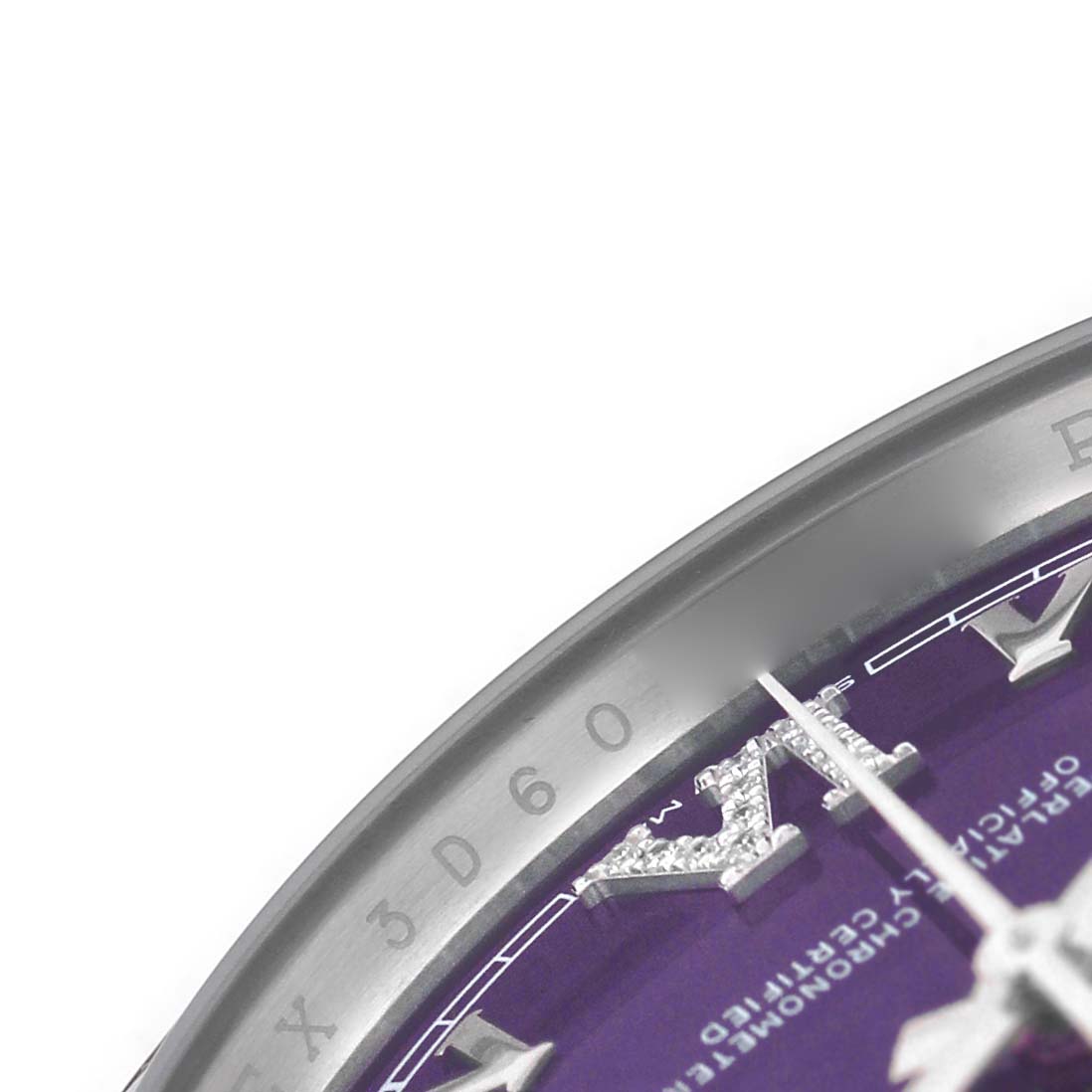 The image shows a close-up of the Rolex Datejust 126284 Men's Stainless Steel Purple Dial's dial, focusing on the purple face and diamond-set Roman numeral hour markers.