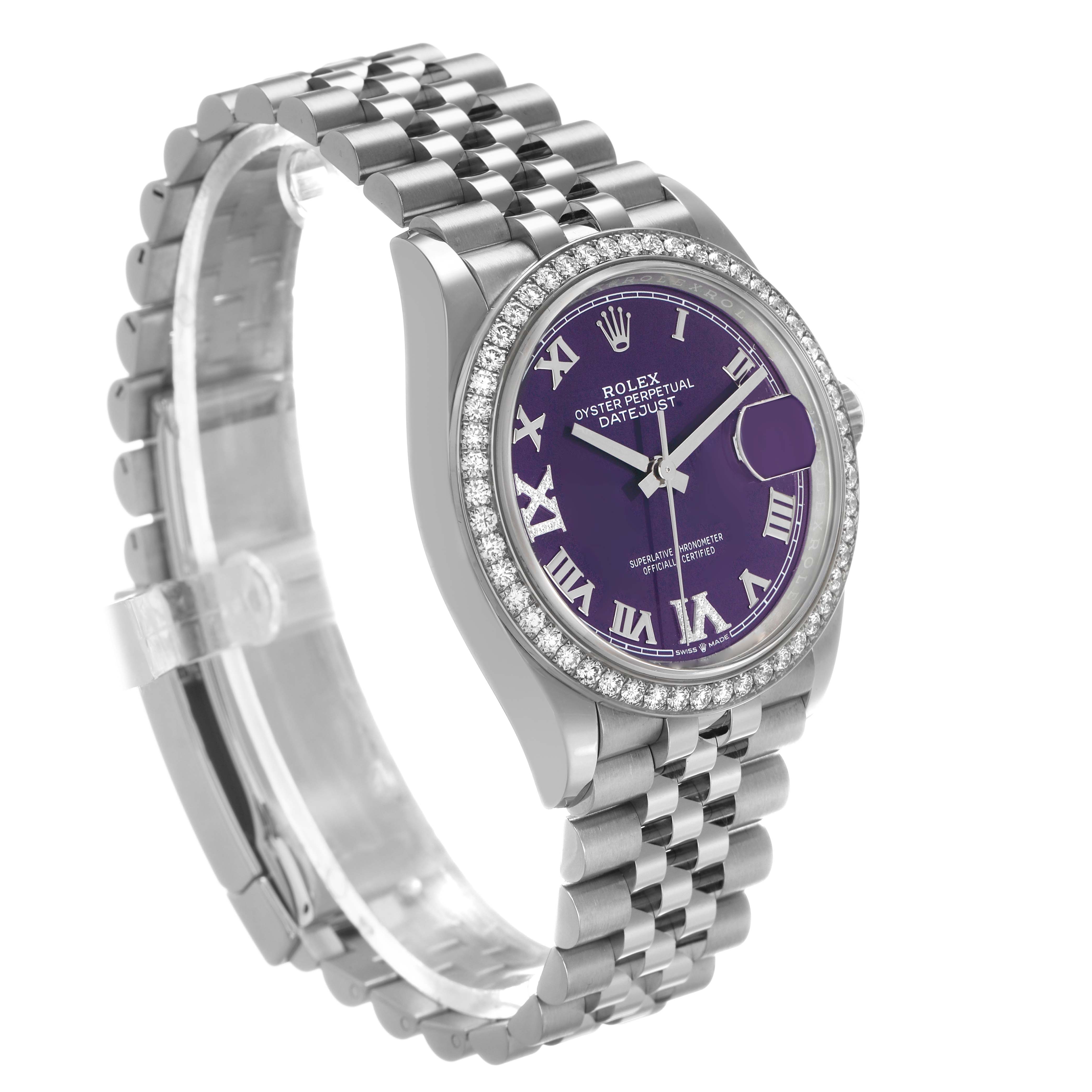 The Rolex Datejust 126284 Men's Stainless Steel Purple Dial watch is shown at a three-quarter angle, displaying the face, bezel, and part of the bracelet.