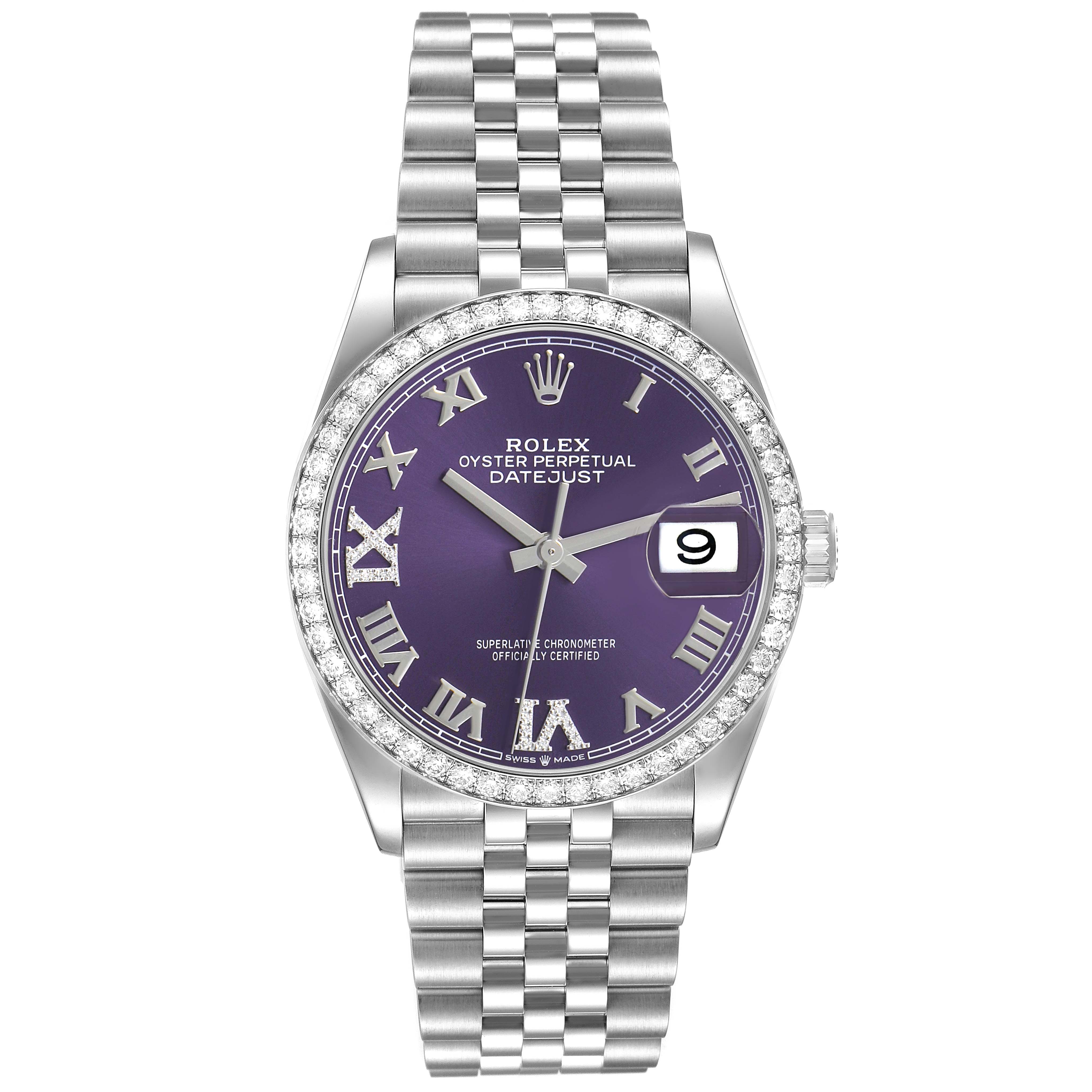 The Rolex Datejust 126284 Men's Stainless Steel Purple Dial watch is shown from the front, highlighting its purple dial, Roman numerals, and jubilee bracelet.