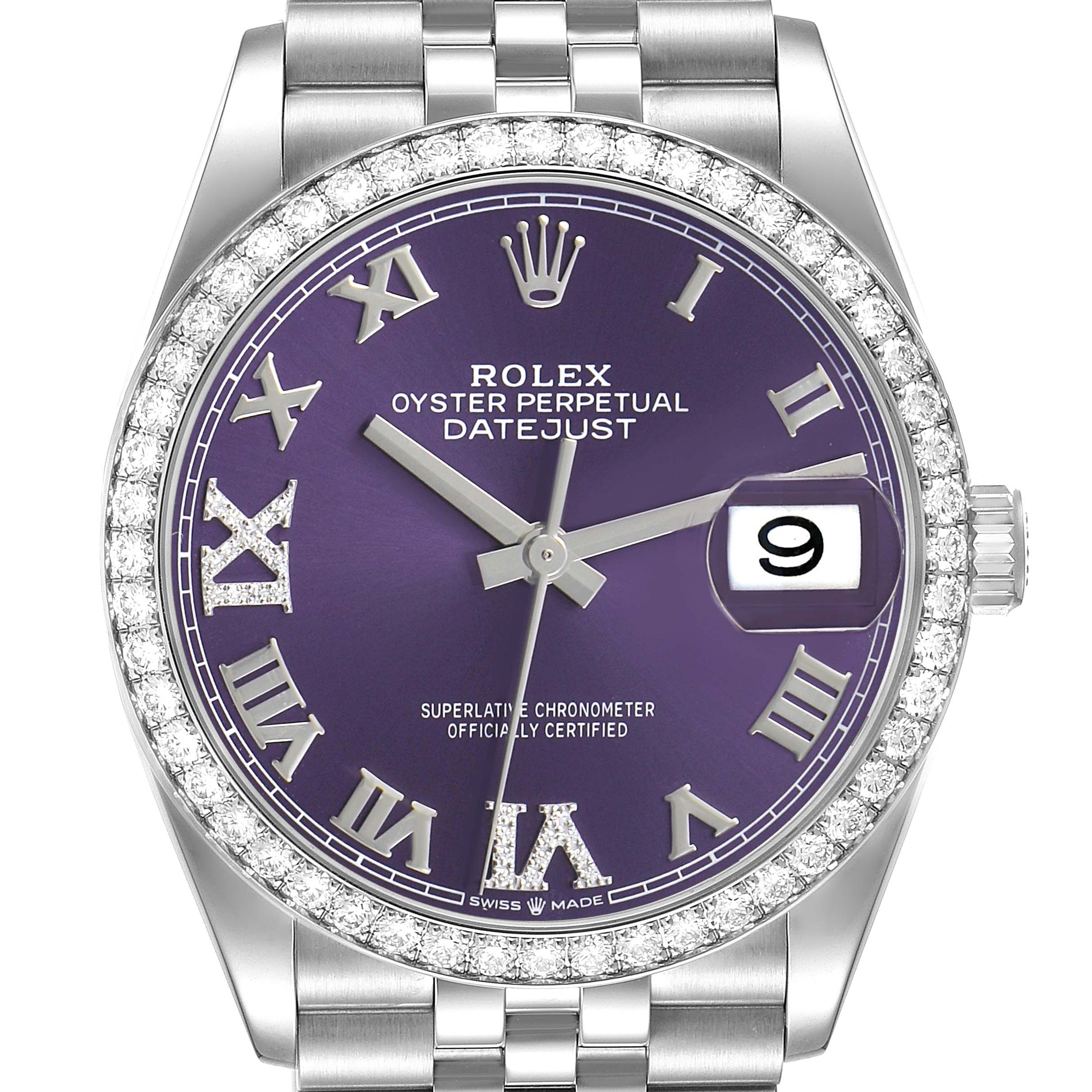 The Rolex Datejust 126284 Men's Stainless Steel Purple Dial watch is shown in a frontal view, highlighting its purple dial, Roman numerals, diamond bezel, and date window.
