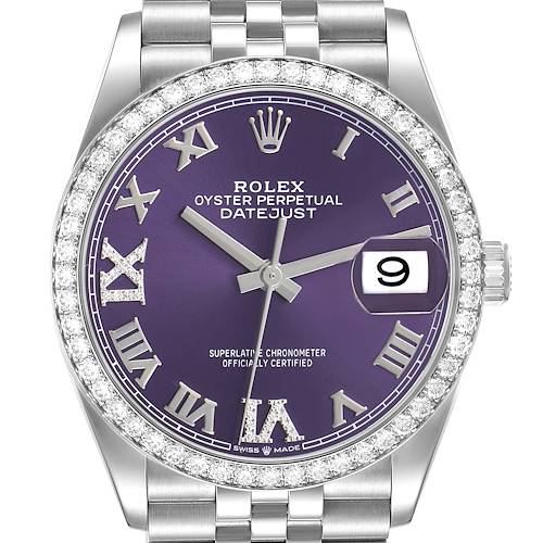 Photo of Rolex Datejust 36 Purple Dial Diamond Steel White Gold Watch 126284 Box Card