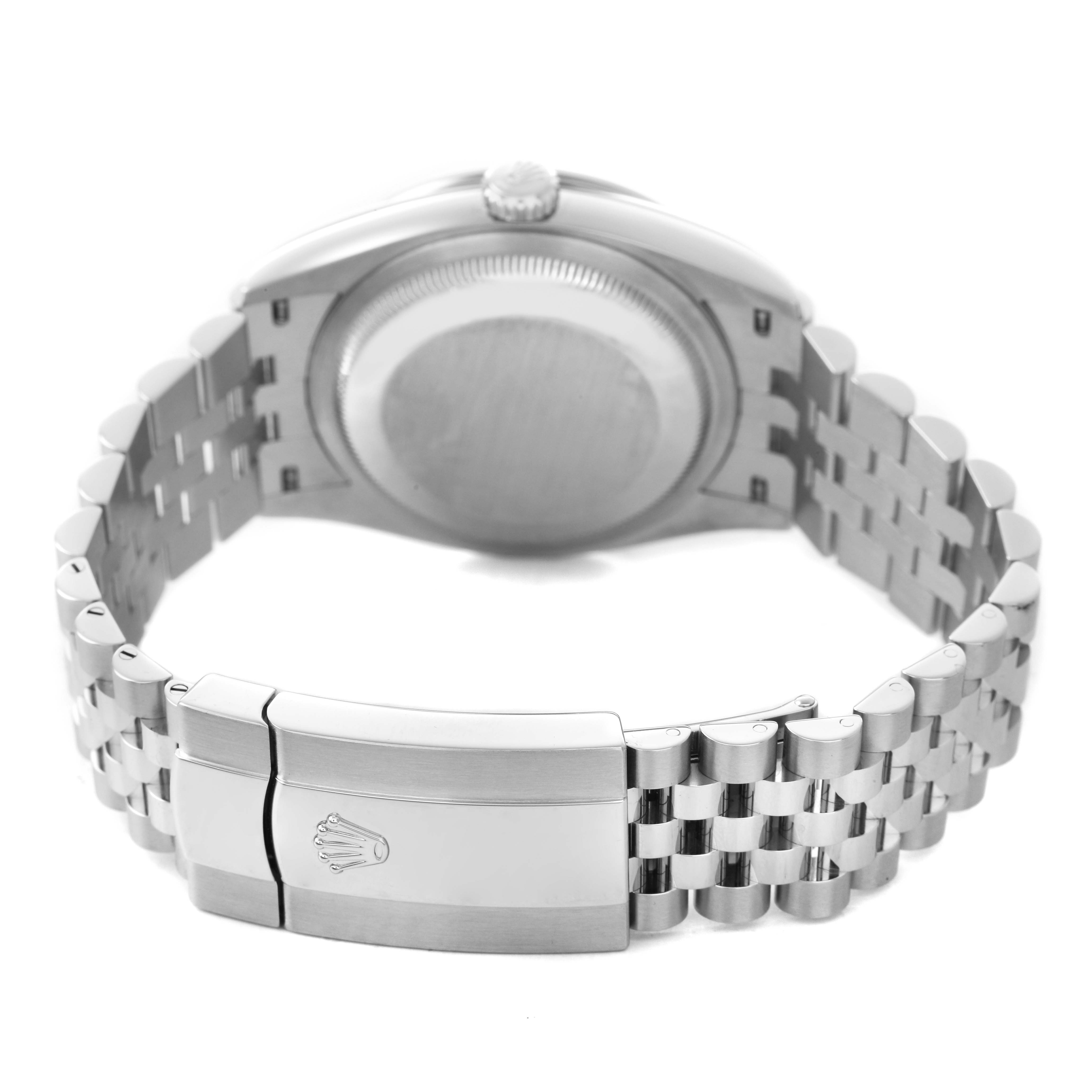 The image shows the back of a Rolex Datejust 126284 Men's Stainless Steel Purple Dial watch, highlighting the case back, crown, and Jubilee bracelet with a clasp.