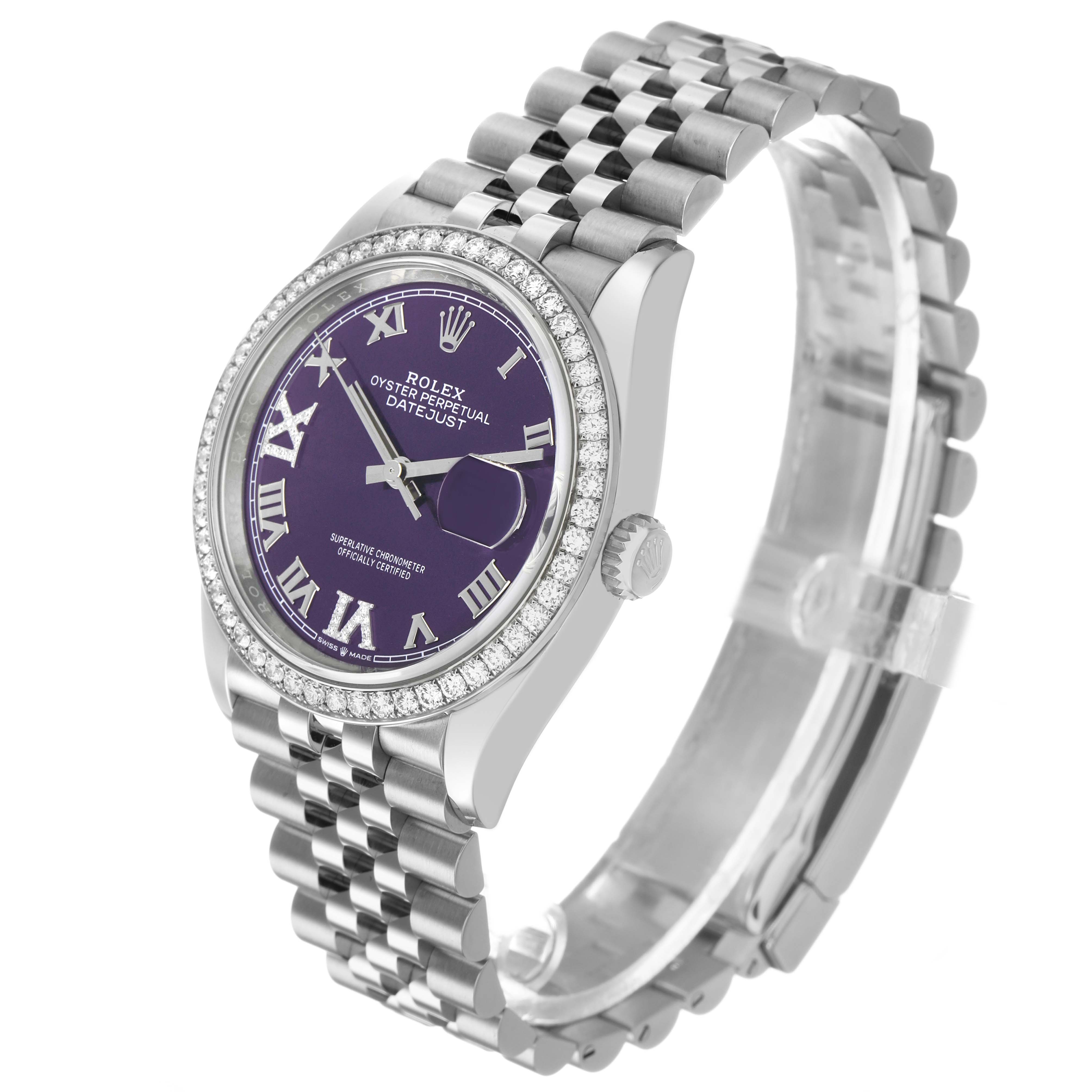 The Rolex Datejust 126284 Men's Stainless Steel Purple Dial is shown at a high-angle, displaying the dial, bezel, crown, and bracelet.