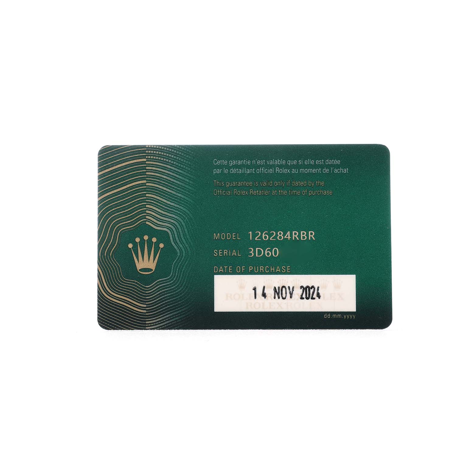 The image shows a warranty card for a Rolex Datejust 126284 Men's Stainless Steel Purple Dial, displaying the model number, serial number, and purchase date.