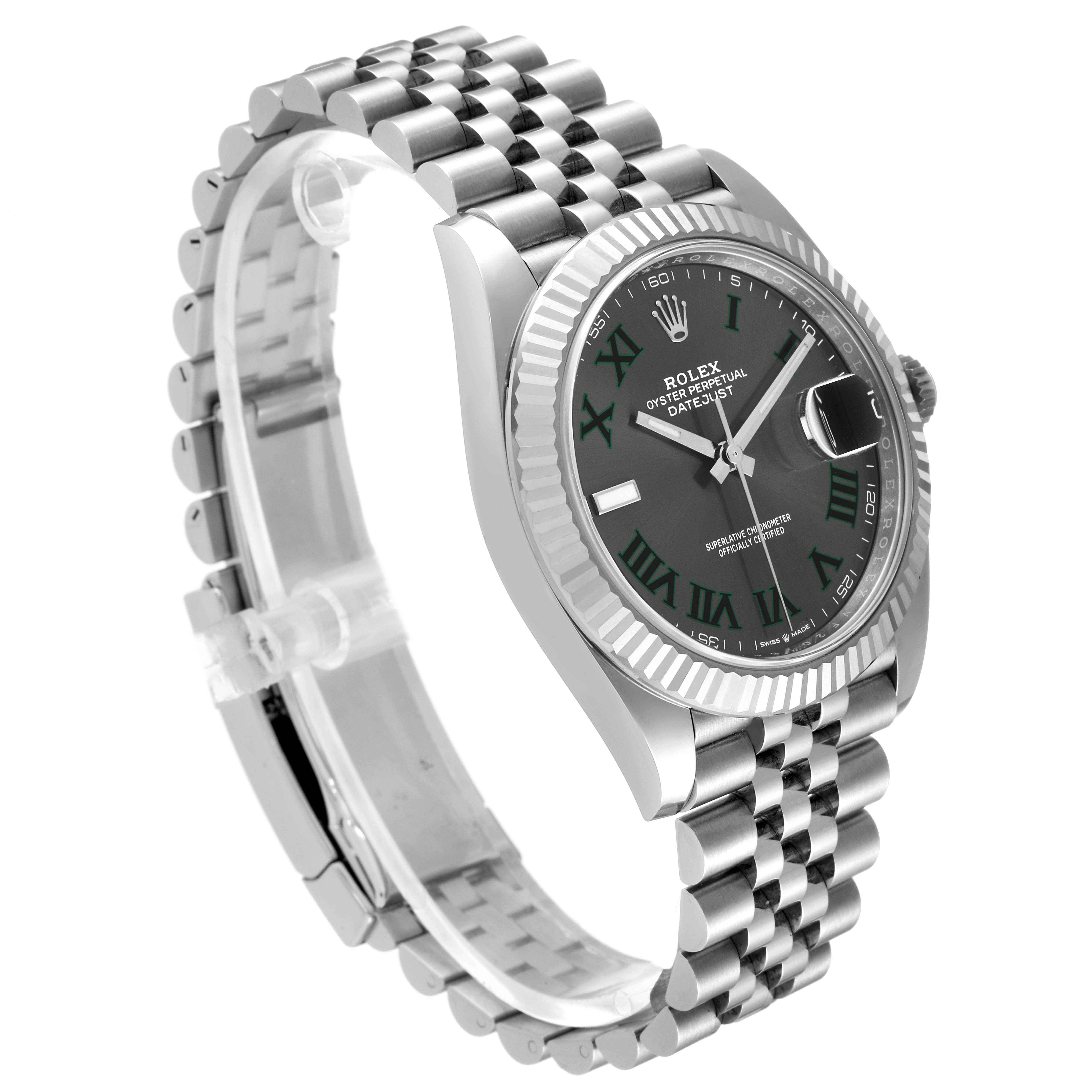 This image shows a side and front angle of the Rolex Datejust 41 126334 Men
s Stainless Steel Grey Dial 126334 Men
s Stainless Steel Grey Dial watch, highlighting its bracelet, bezel, and face.