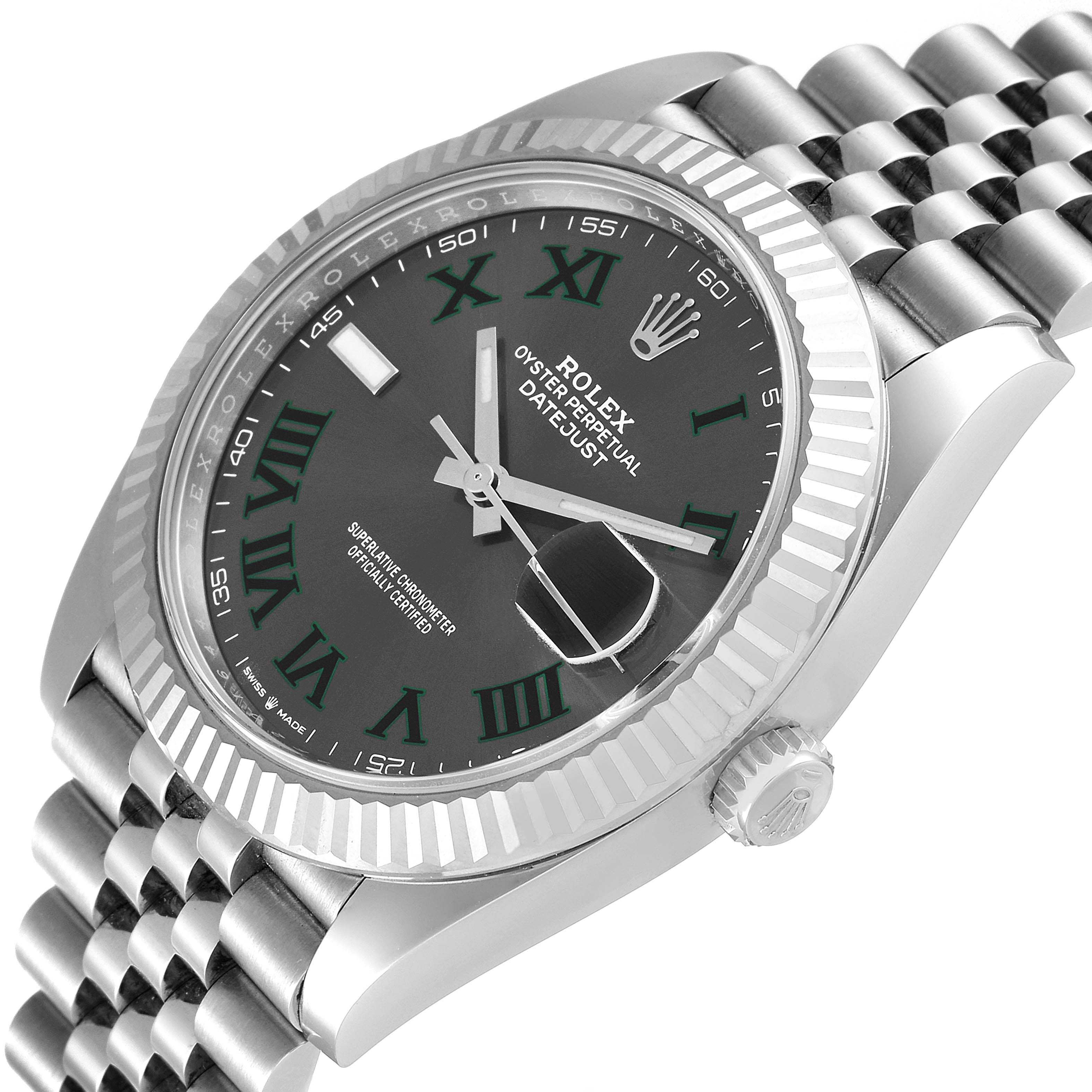 The image shows an angled close-up of a Rolex Datejust 41 126334 Men
s Stainless Steel Grey Dial 126334 Men
s Stainless Steel Grey Dial watch, highlighting its face, bezel, crown, and part of the bracelet.