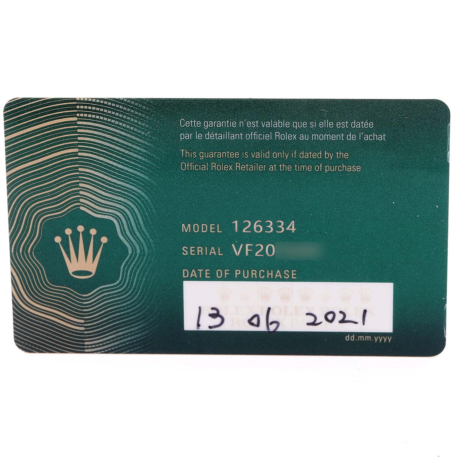 The image shows a warranty card for the Rolex Datejust 41 126334 Men
s Stainless Steel Grey Dial 126334 Men
s Stainless Steel Grey Dial model 126334, with a purchase date of 13/06/2021.