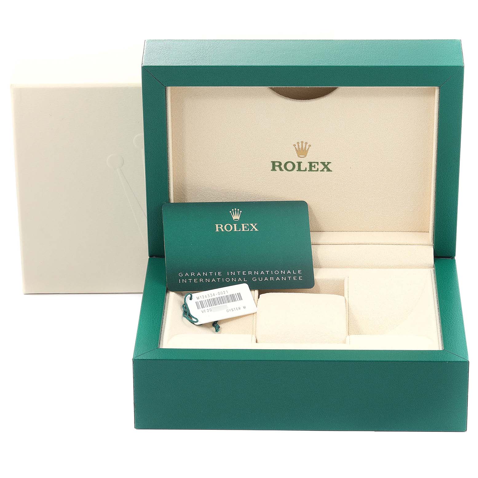 The image shows the packaging and warranty card for a Rolex Datejust 41 126334 Men
s Stainless Steel Grey Dial 126334 Men
s Stainless Steel Grey Dial model.