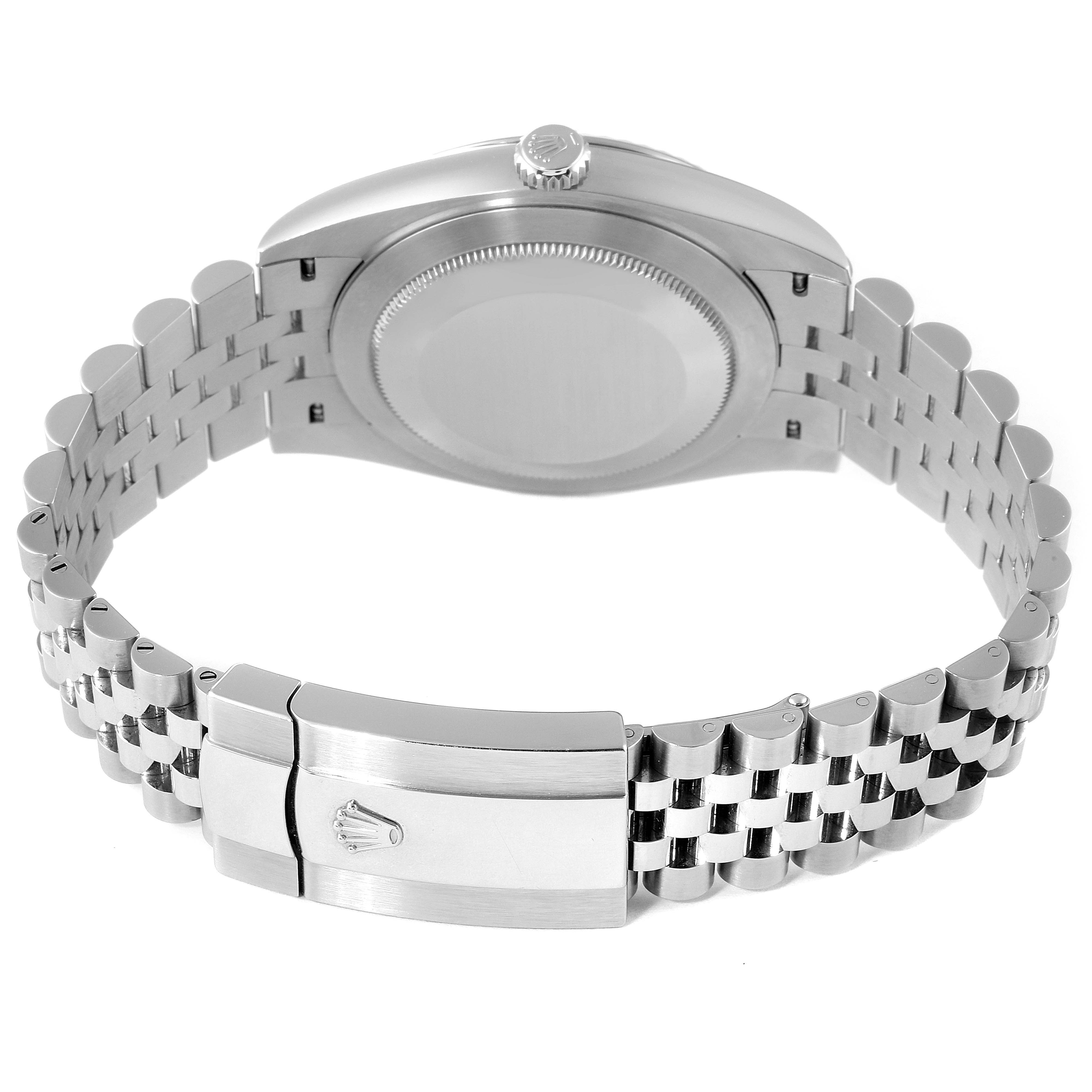 The image shows the back view of the Rolex Datejust 41 126334 Men
s Stainless Steel Grey Dial 126334 Men
s Stainless Steel Grey Dial watch, focusing on the case back and the metal bracelet with clasp.