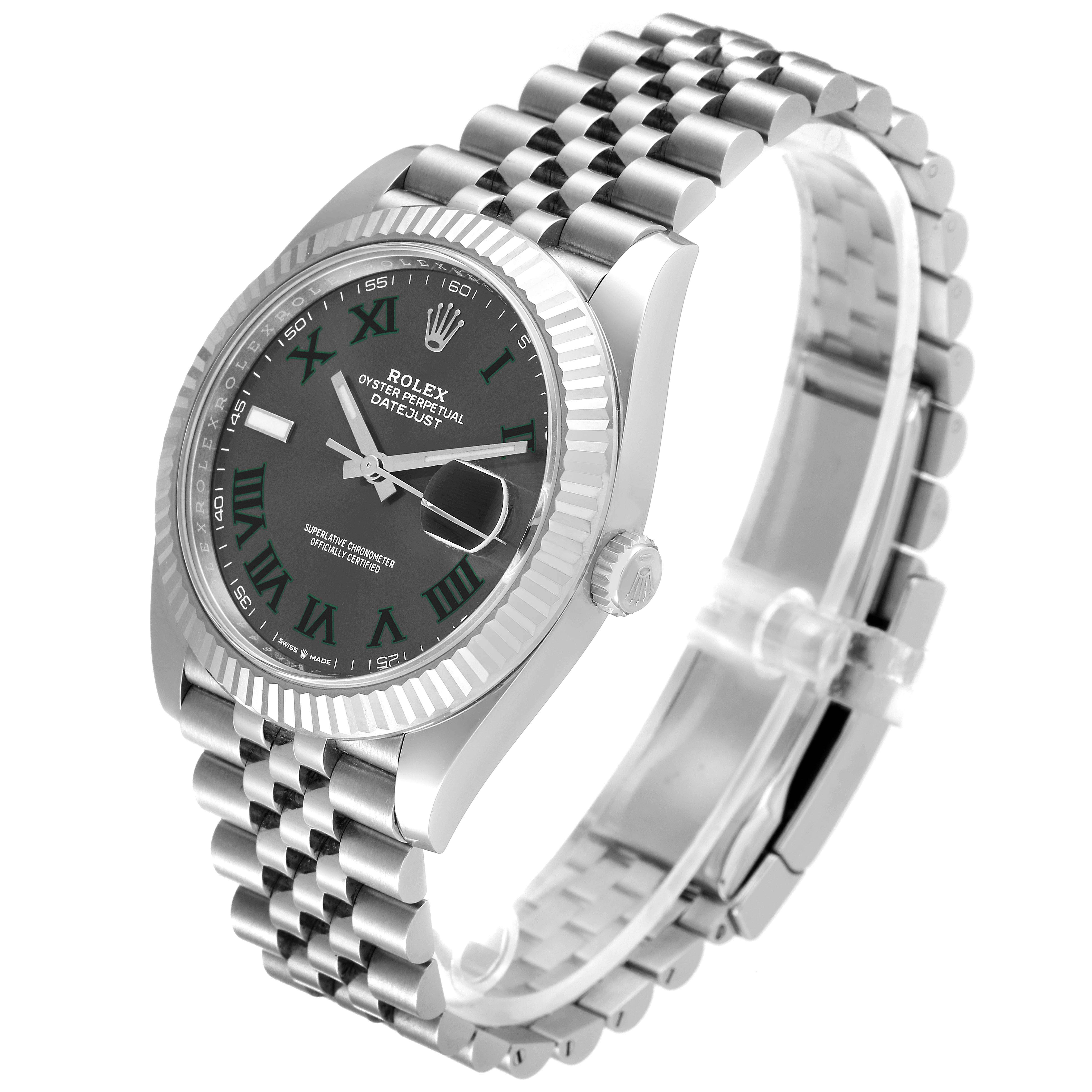 This image shows the Rolex Datejust 41 126334 Men
s Stainless Steel Grey Dial 126334 Men
s Stainless Steel Grey Dial watch from an angled side view, highlighting the jubilee bracelet, case, and fluted bezel.