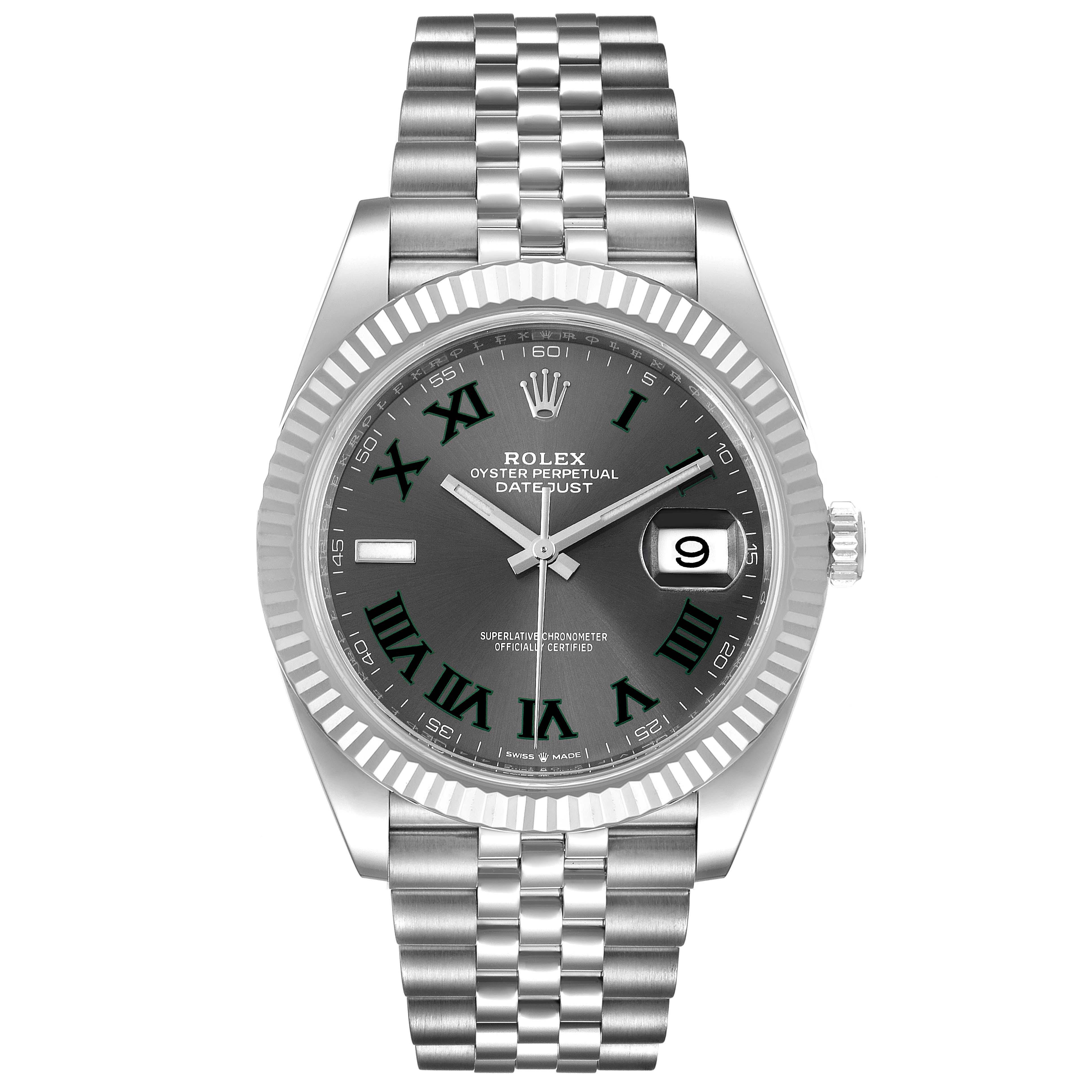 The image shows a Rolex Datejust 41 126334 Men
s Stainless Steel Grey Dial 126334 Men
s Stainless Steel Grey Dial model watch, displaying its full front view with the dial, bracelet, and crown.