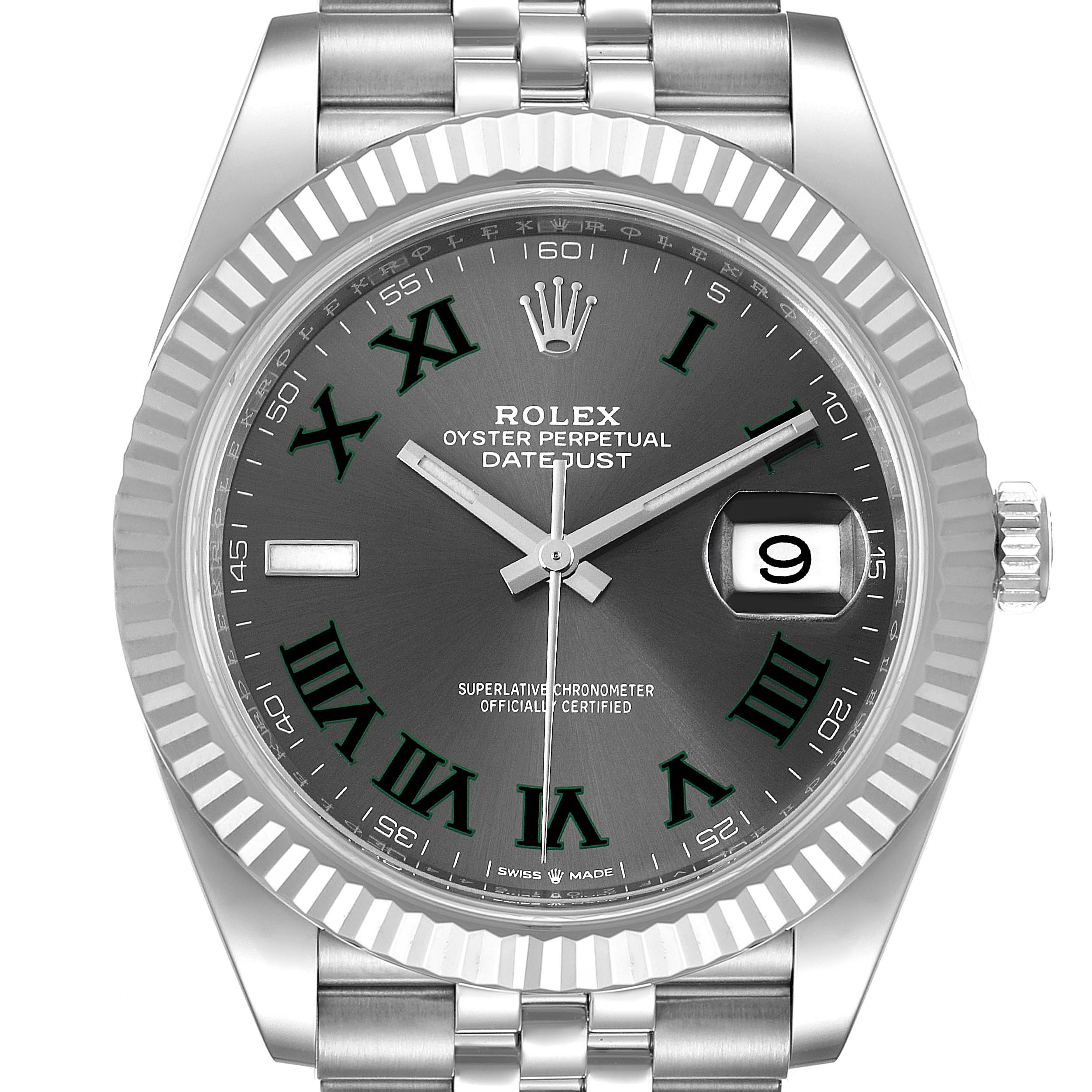 The image shows a close-up, front view of the Rolex Datejust 41 126334 Men
s Stainless Steel Grey Dial 126334 Men
s Stainless Steel Grey Dial watch, featuring the dial, bezel, and part of the bracelet.