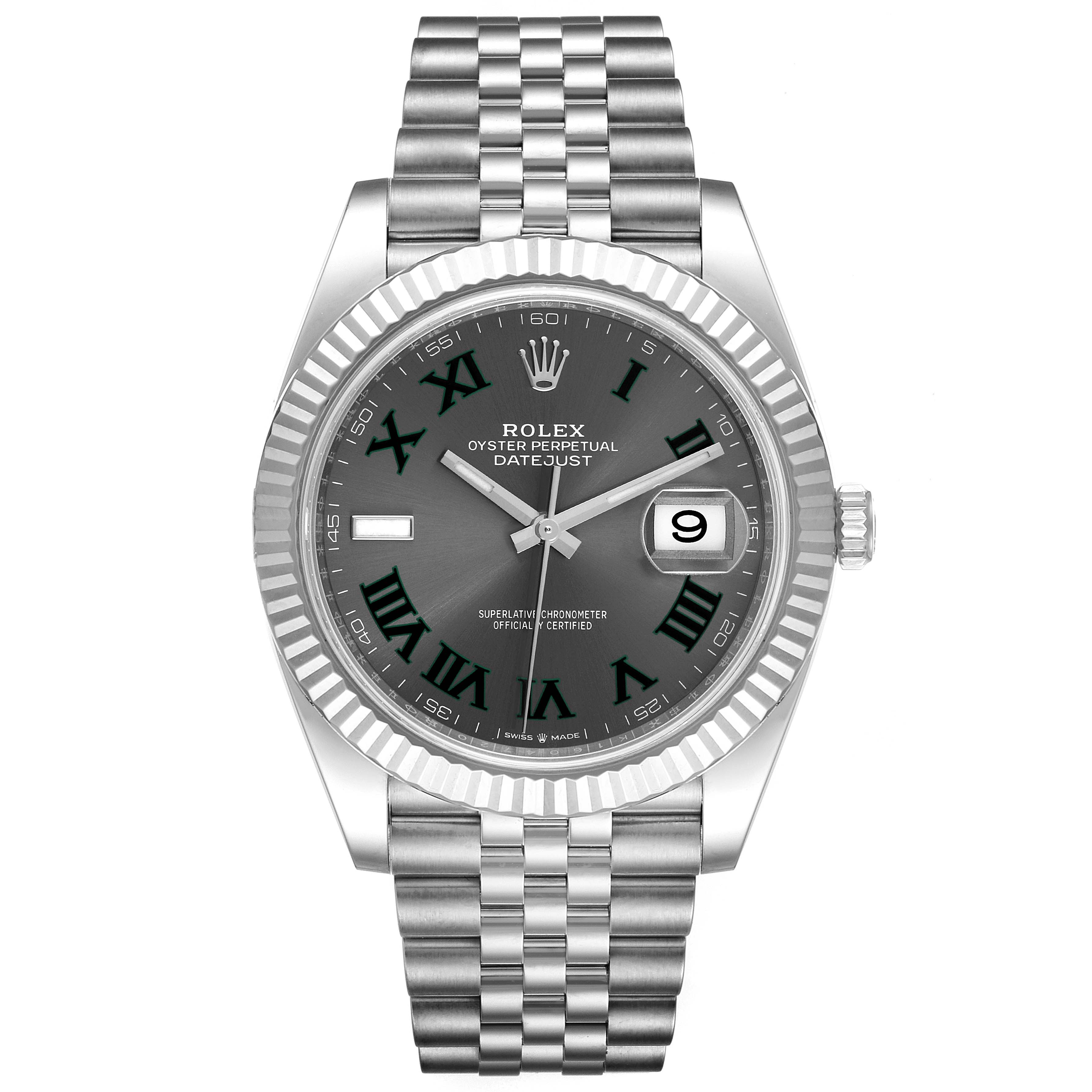 The image shows a frontal view of the Rolex Datejust 41 126334 Men
s Stainless Steel Grey Dial 126334 Men
s Stainless Steel Grey Dial watch, displaying its gray dial, Roman numerals, fluted bezel, and Jubilee bracelet.
