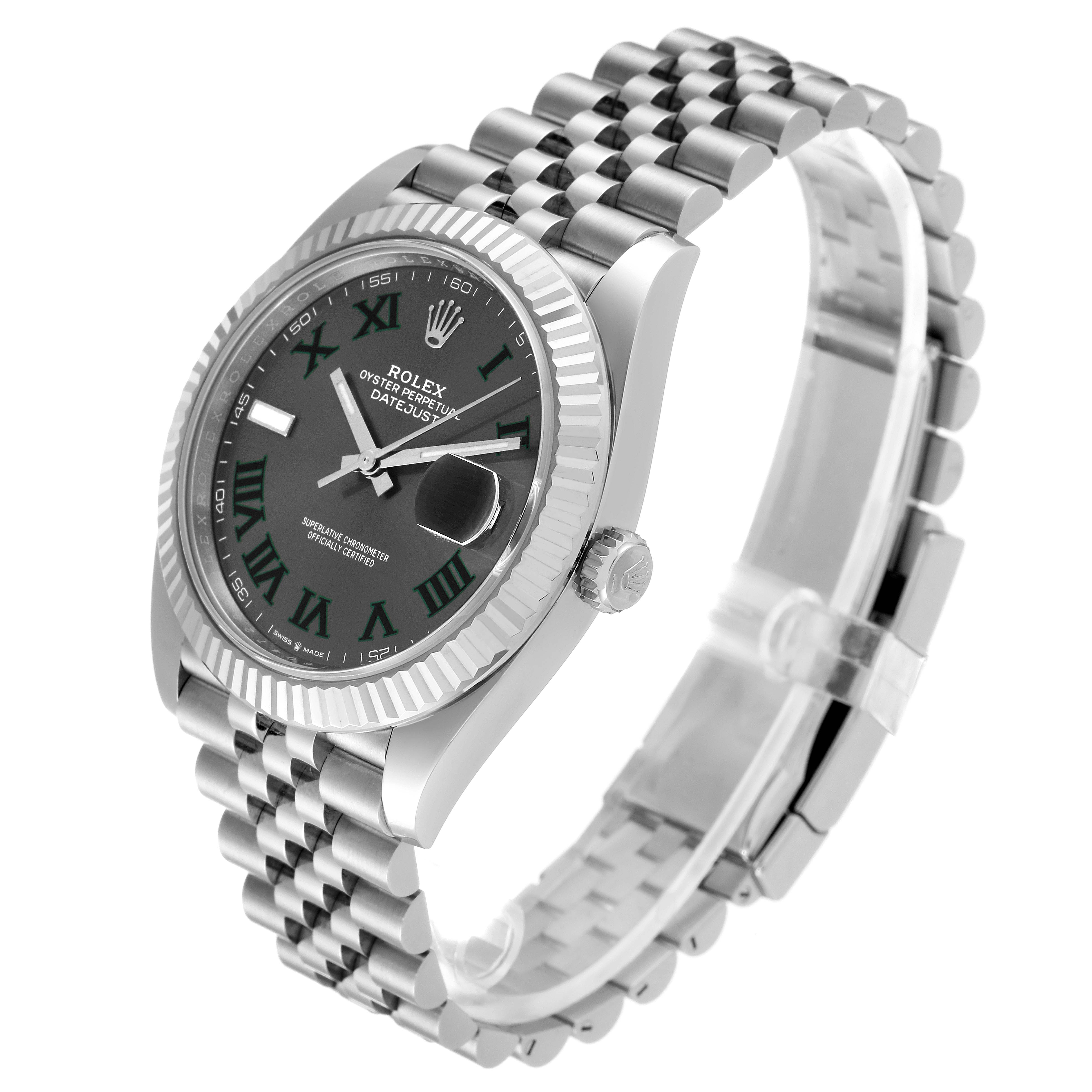 The Rolex Datejust 41 126334 Men
s Stainless Steel Grey Dial 126334 Men
s Stainless Steel Grey Dial is shown in a three-quarter view, featuring its face, bezel, crown, and bracelet.