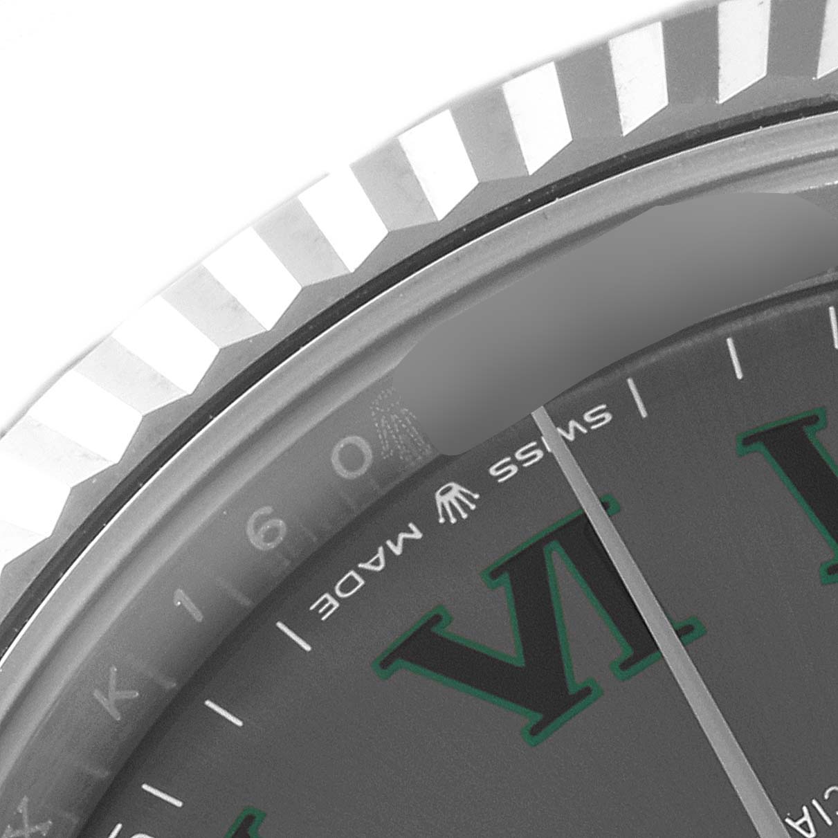 The image shows a close-up of the bezel and part of the dial with Roman numerals of a Rolex Datejust 41 126334 Men
s Stainless Steel Grey Dial 126334 Men
s Stainless Steel Grey Dial watch.