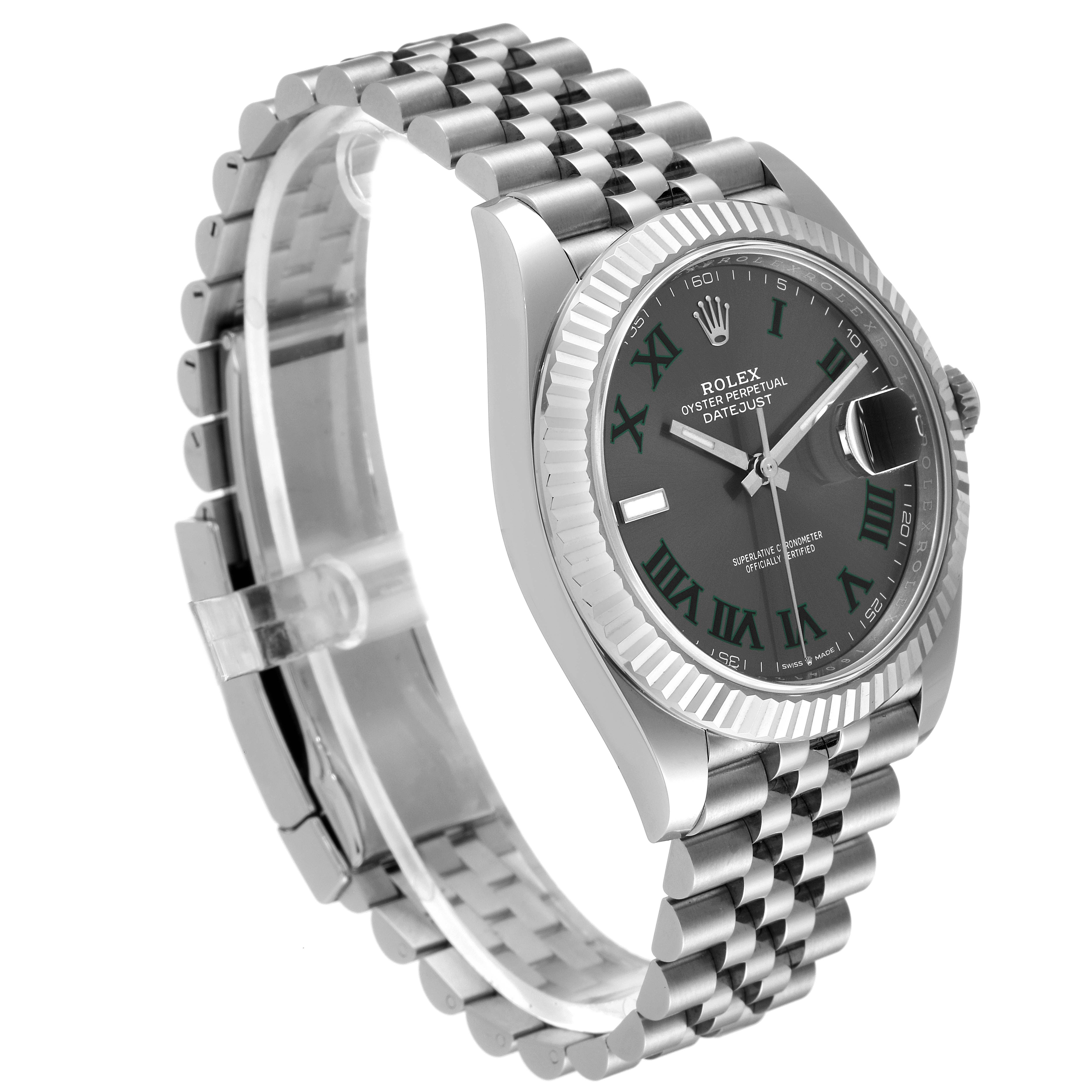 The image shows a side angle of the Rolex Datejust 41 126334 Men
s Stainless Steel Grey Dial 126334 Men
s Stainless Steel Grey Dial watch, highlighting the bracelet, bezel, and dial.