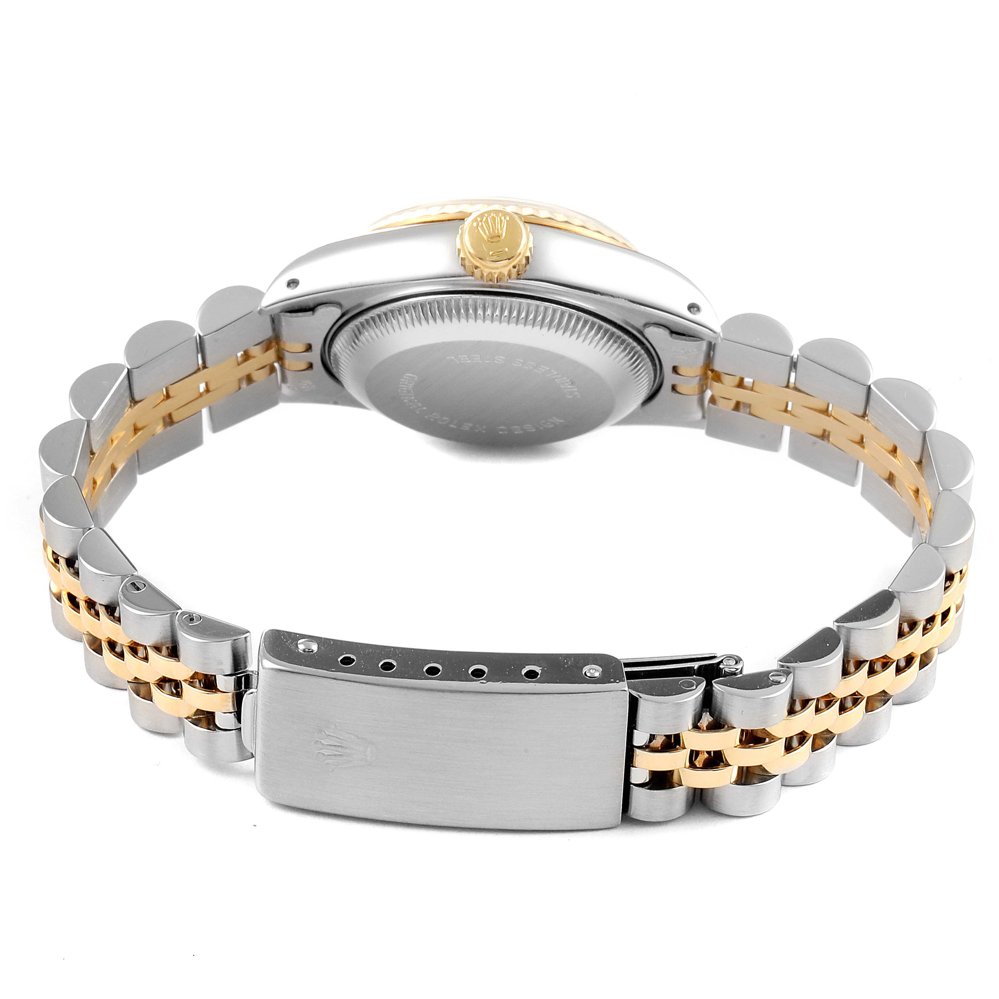 The image shows the back view of a Rolex Datejust 69173 Women's Steel and Gold (two tone) Champagne Dial 69173 Women's Steel and Gold (two tone) Champagne Dial watch, highlighting the case back, crown, and two-tone bracelet.