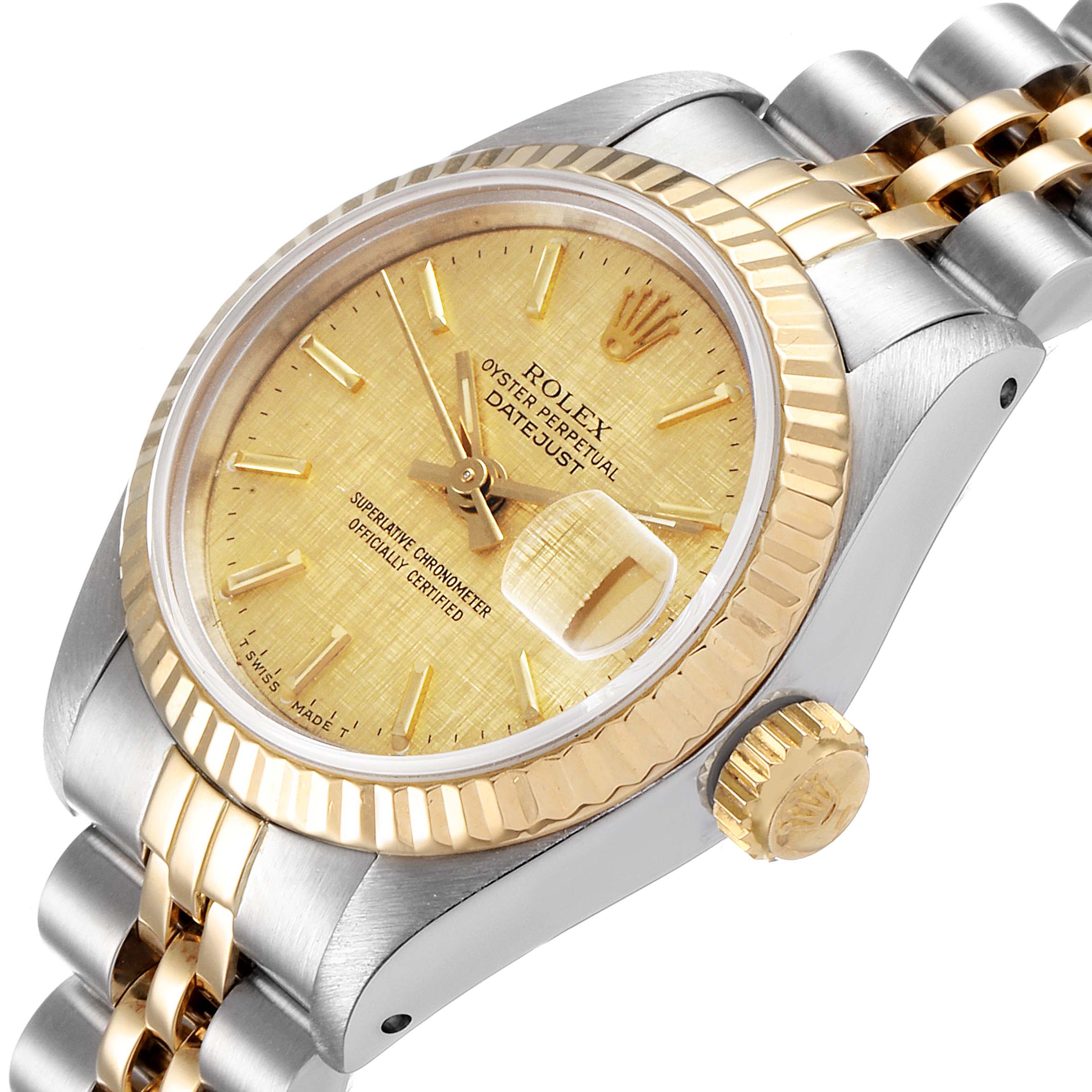 The image shows a close-up angled view of the Rolex Datejust 69173 Women's Steel and Gold (two tone) Champagne Dial 69173 Women's Steel and Gold (two tone) Champagne Dial watch showcasing its face, bezel, and part of the bracelet.