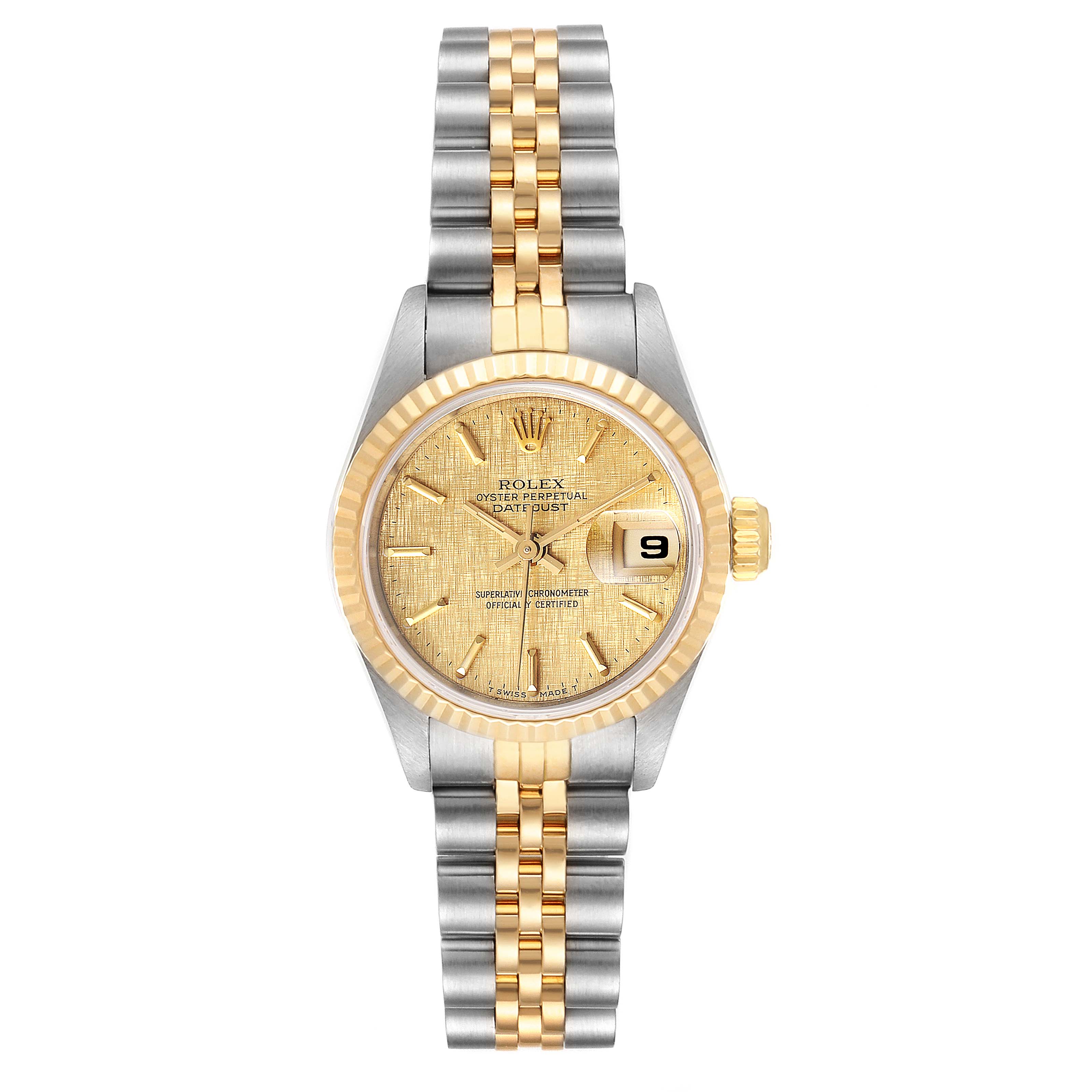 The image shows a frontal view of a Rolex Datejust 69173 Women's Steel and Gold (two tone) Champagne Dial 69173 Women's Steel and Gold (two tone) Champagne Dial watch, highlighting the dial, bezel, case, and bracelet.