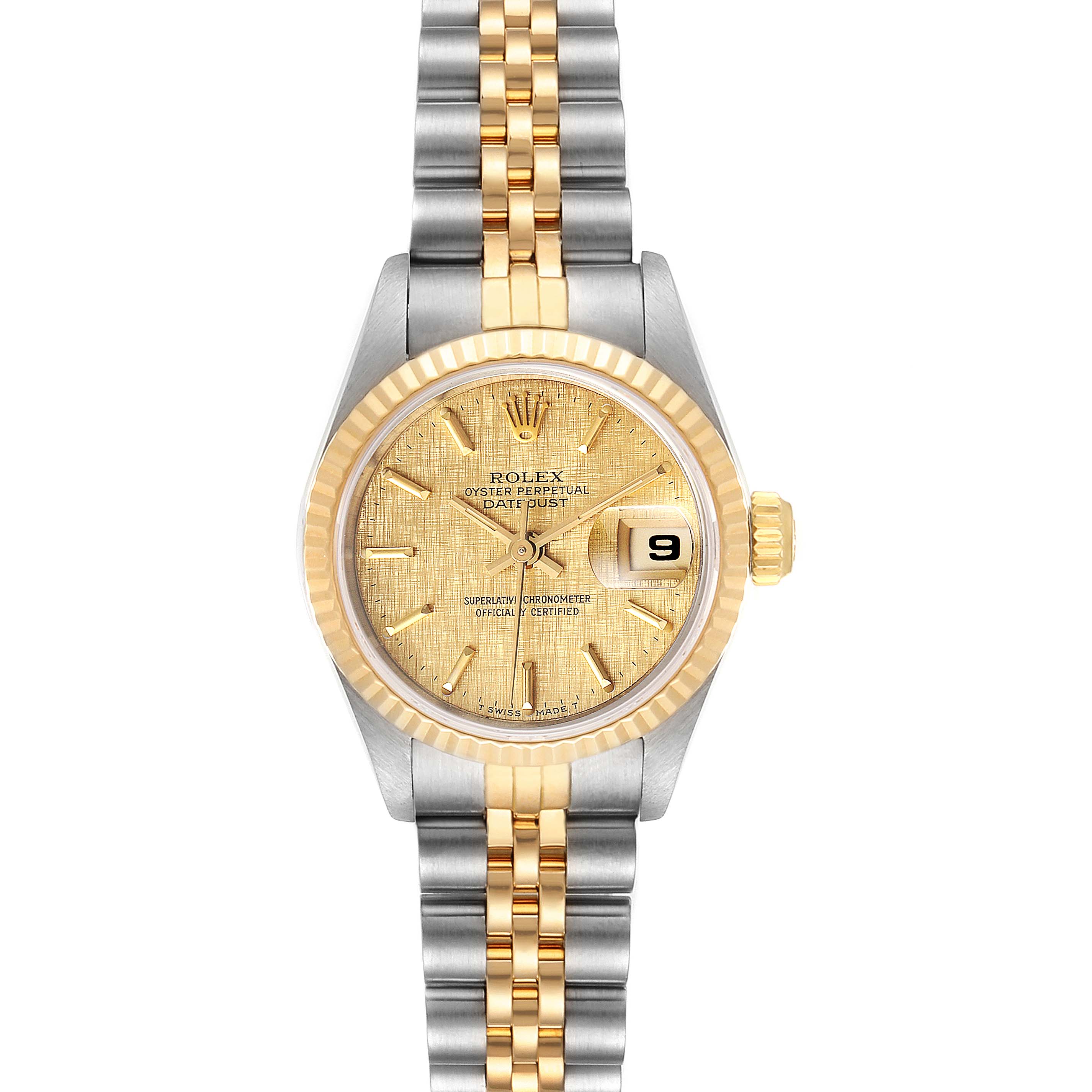 The Rolex Datejust 69173 Women's Steel and Gold (two tone) Champagne Dial 69173 Women's Steel and Gold (two tone) Champagne Dial watch is shown from a front angle, highlighting the dial, bezel, and two-tone bracelet.
