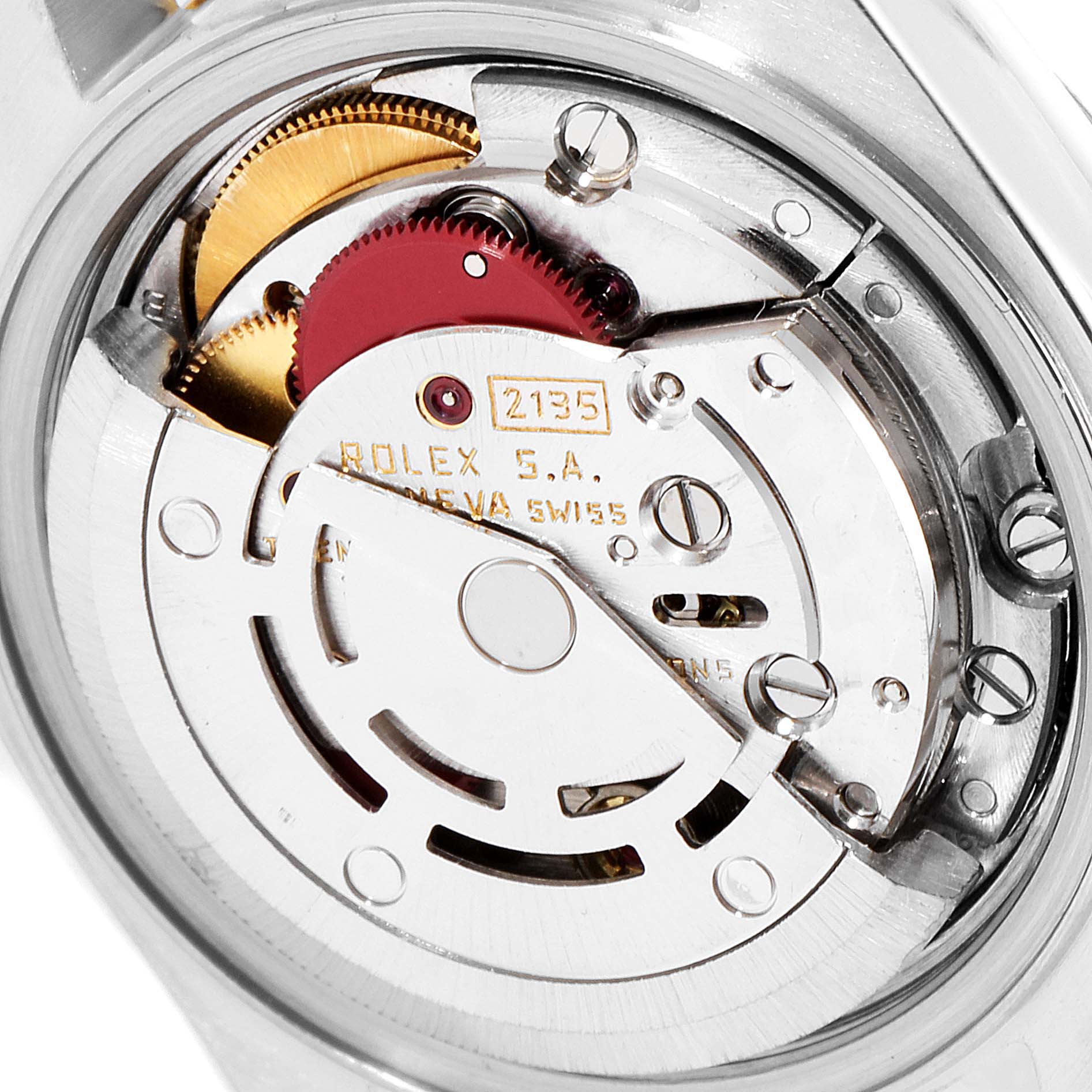 This image shows the movement and inner mechanics of a Rolex Datejust 69173 Women's Steel and Gold (two tone) Champagne Dial 69173 Women's Steel and Gold (two tone) Champagne Dial watch, focusing on the rotor and gears.