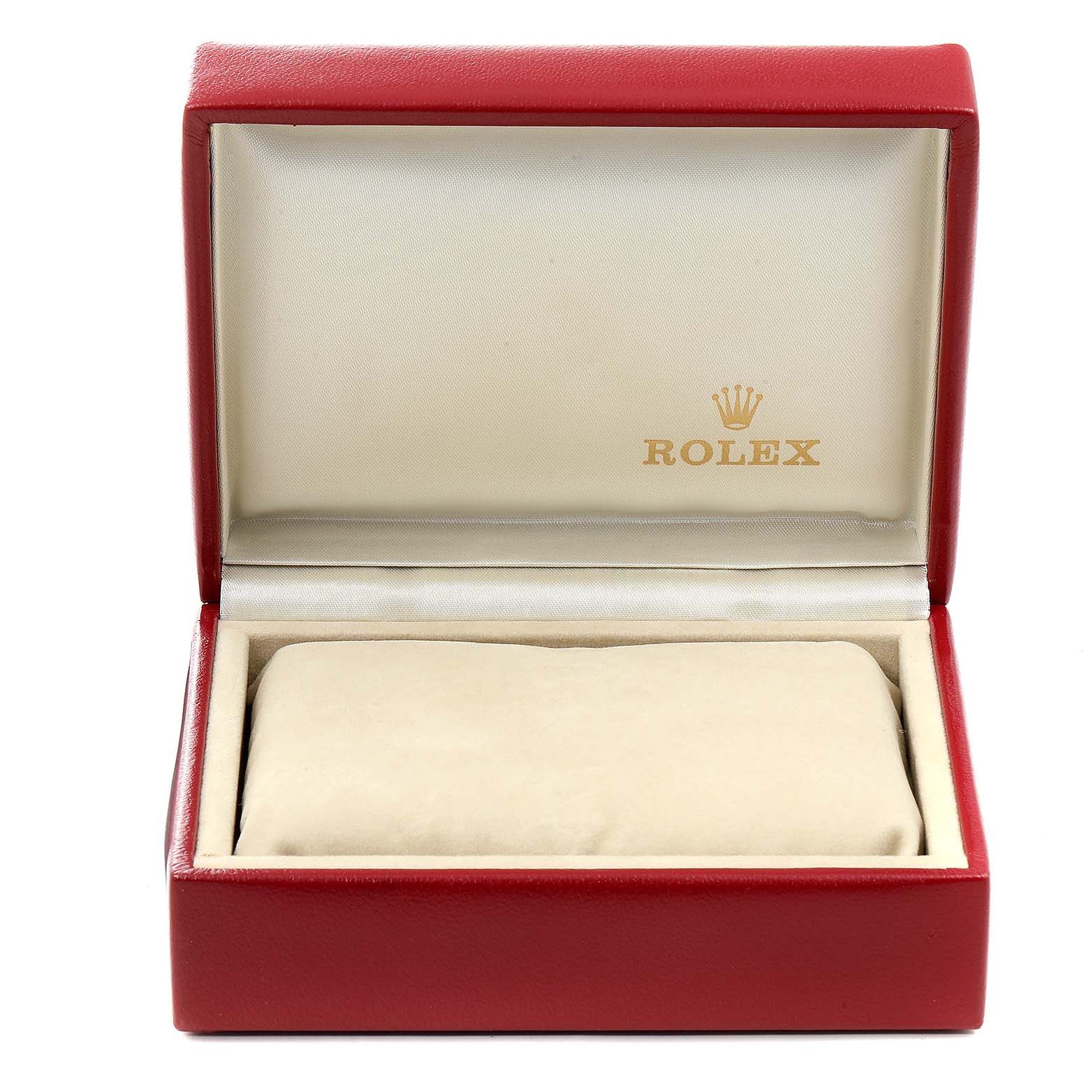 The image shows an open Rolex Datejust 69173 Women's Steel and Gold (two tone) Champagne Dial 69173 Women's Steel and Gold (two tone) Champagne Dial watch box, featuring a red exterior and beige interior with the Rolex logo.