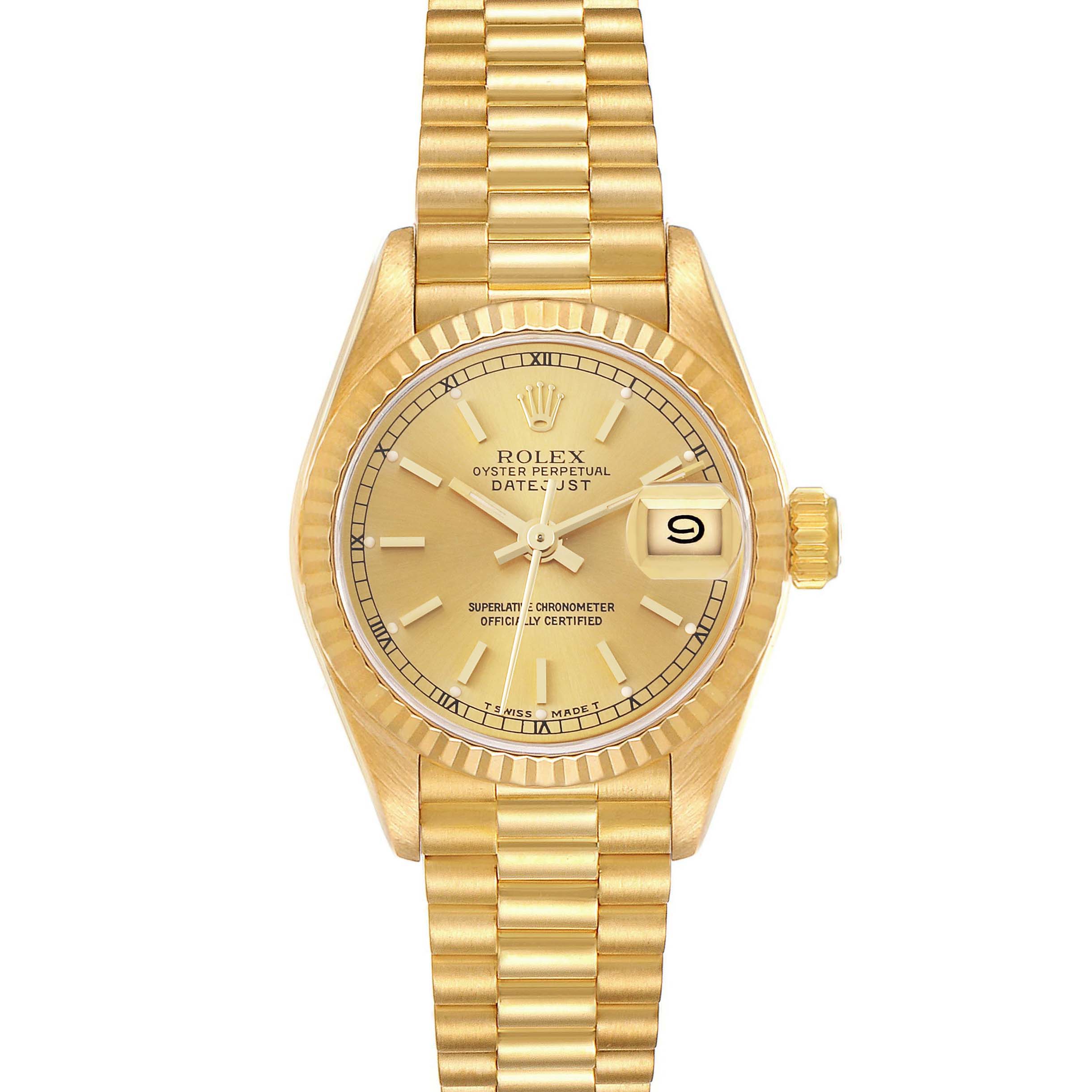 This image shows a Rolex President 69178 Women's Yellow Gold Champagne Dial 69178 Women's Yellow Gold Champagne Dial model watch from a top-down angle, showcasing the dial, bezel, and bracelet.