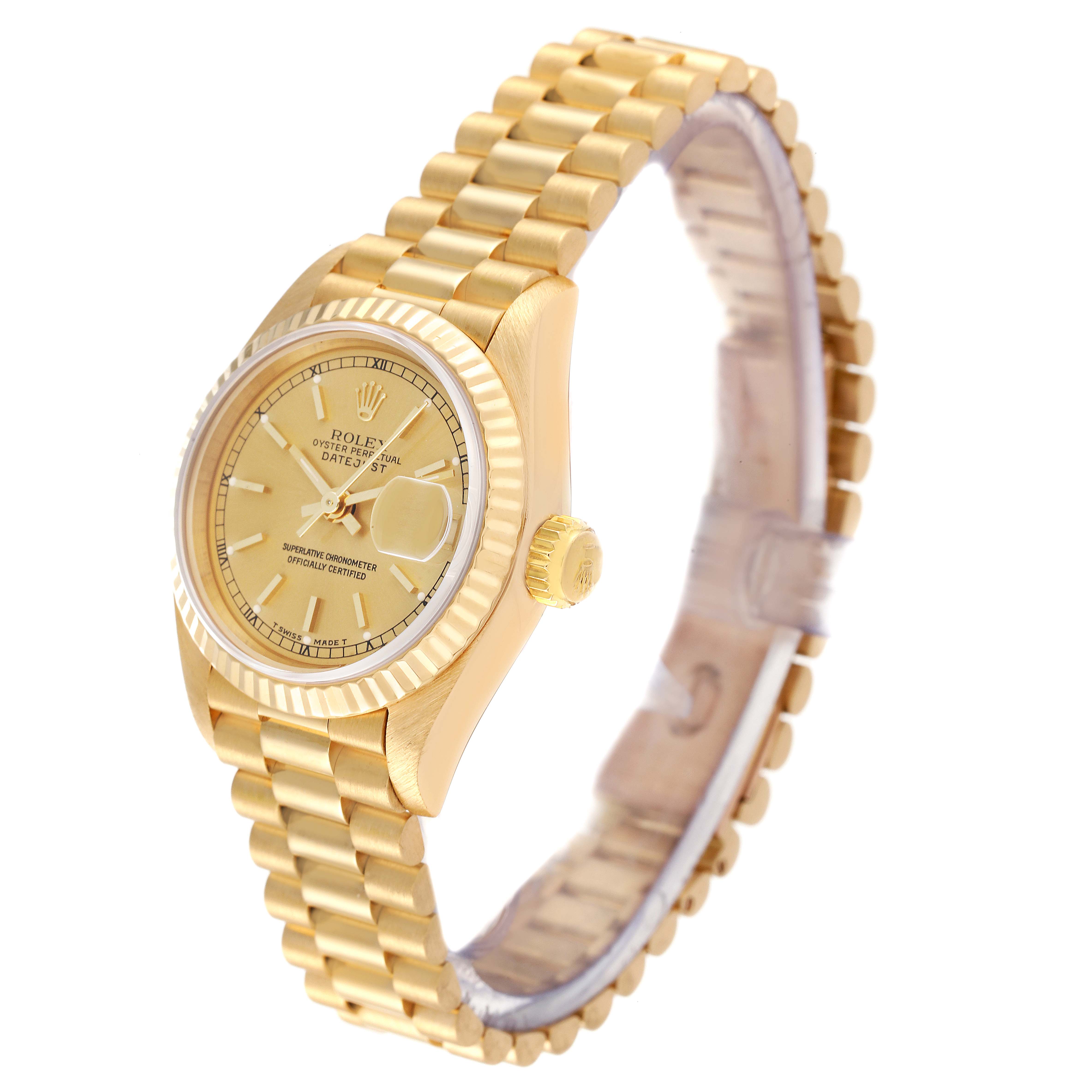 This image shows a side angle of the Rolex President 69178 Women's Yellow Gold Champagne Dial 69178 Women's Yellow Gold Champagne Dial watch, featuring its gold case, dial, and bracelet.