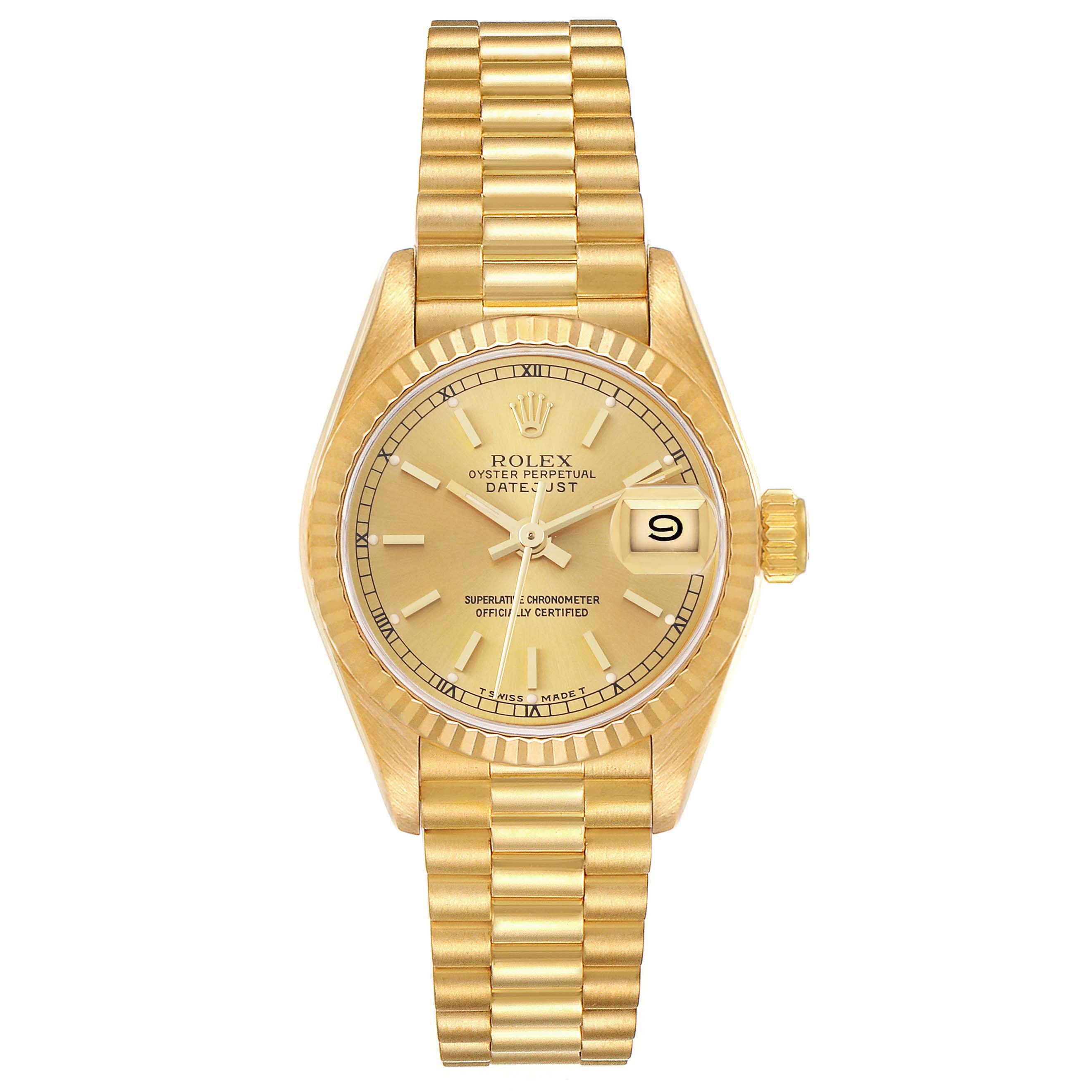 The image shows a front view of the Rolex President 69178 Women's Yellow Gold Champagne Dial 69178 Women's Yellow Gold Champagne Dial model watch, displaying its face, band, and date window.