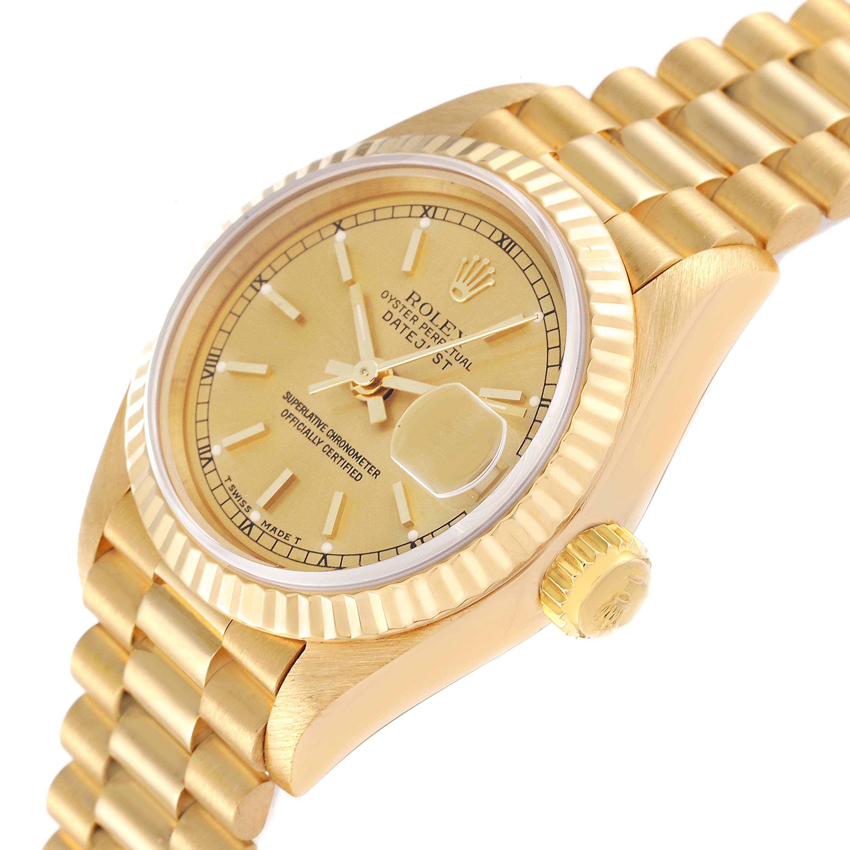 The image shows a close-up of a gold Rolex President 69178 Women's Yellow Gold Champagne Dial 69178 Women's Yellow Gold Champagne Dial model watch from an angled side view, highlighting the dial, bezel, and bracelet.
