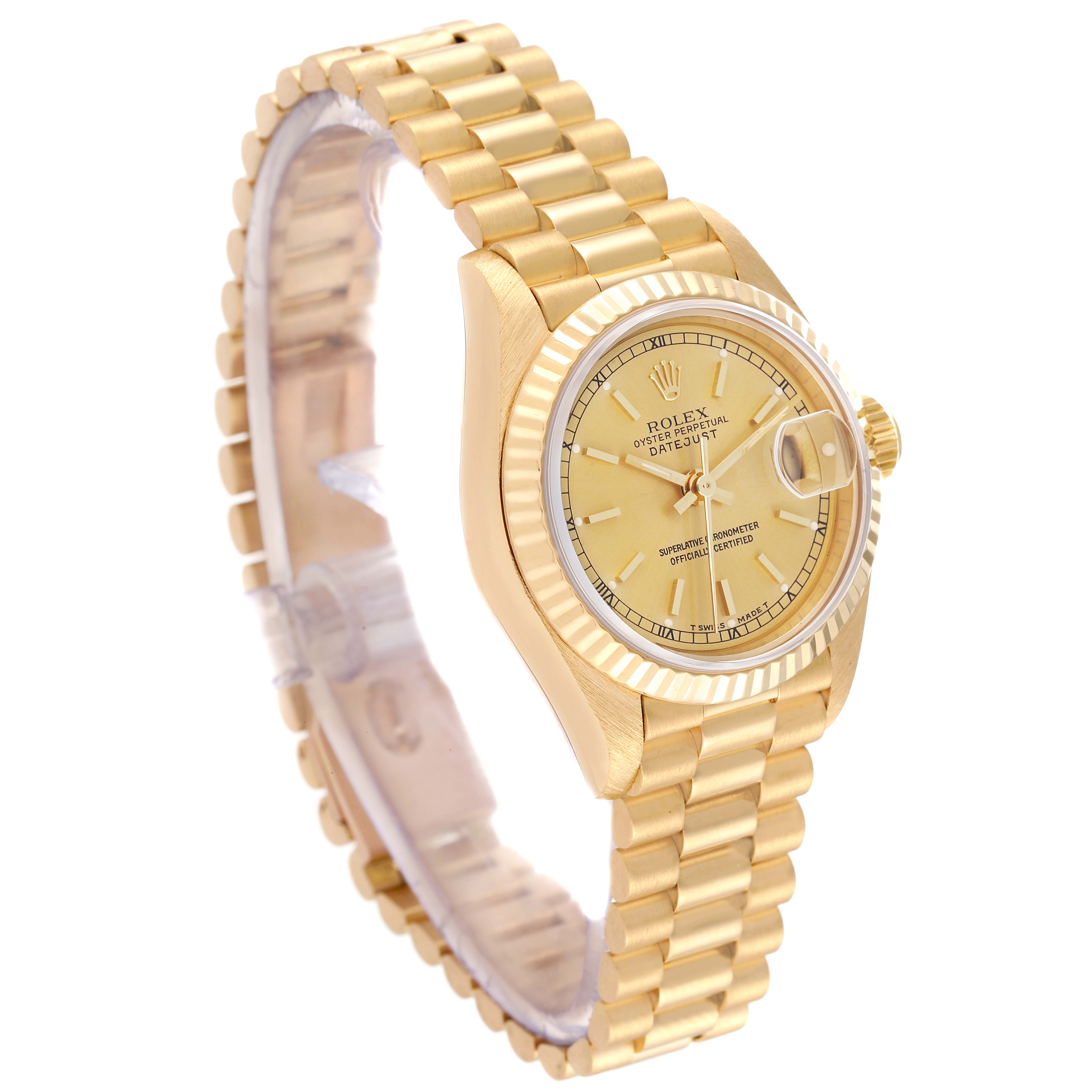 This image shows a Rolex President 69178 Women's Yellow Gold Champagne Dial 69178 Women's Yellow Gold Champagne Dial model watch from an angled front view, featuring the dial, bezel, and bracelet.