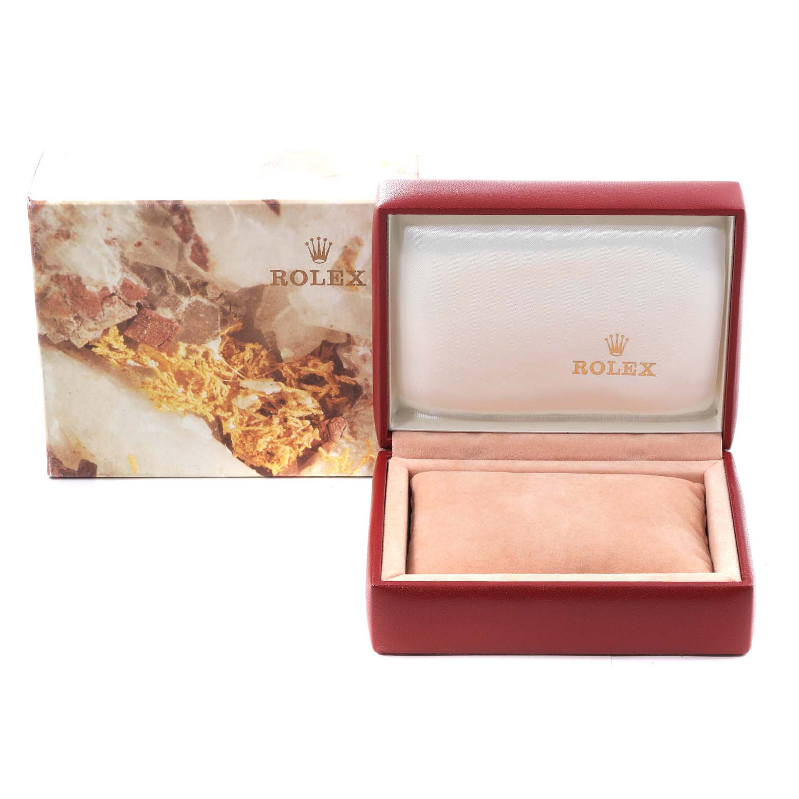 The image shows an open Rolex watch box with the lid displaying the Rolex logo, showcasing packaging for the President model.