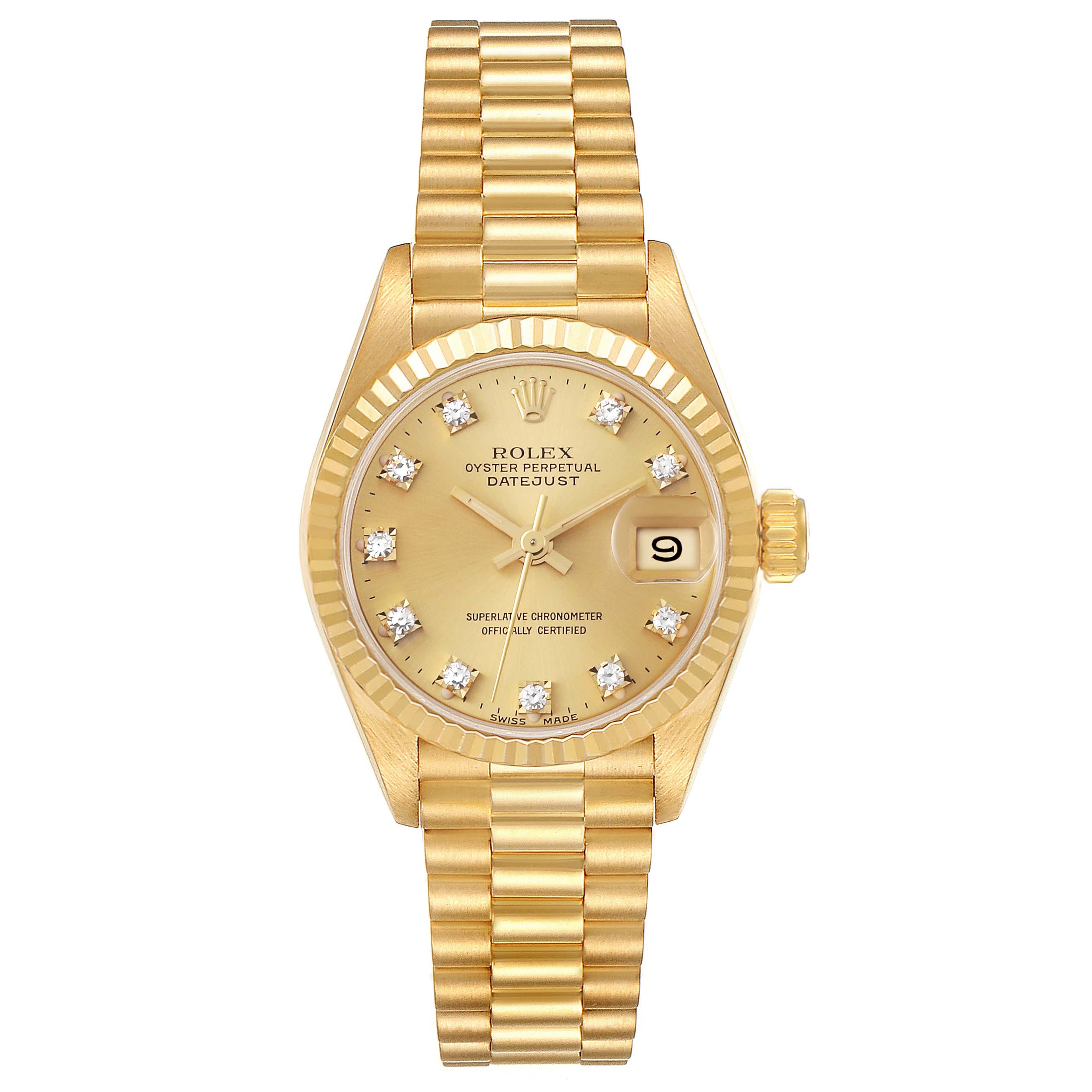 This is a frontal view of a Rolex President 69178 Women's Yellow Gold Champagne Dial 69178 Women's Yellow Gold Champagne Dial model watch, showing its gold dial, fluted bezel, and President bracelet.