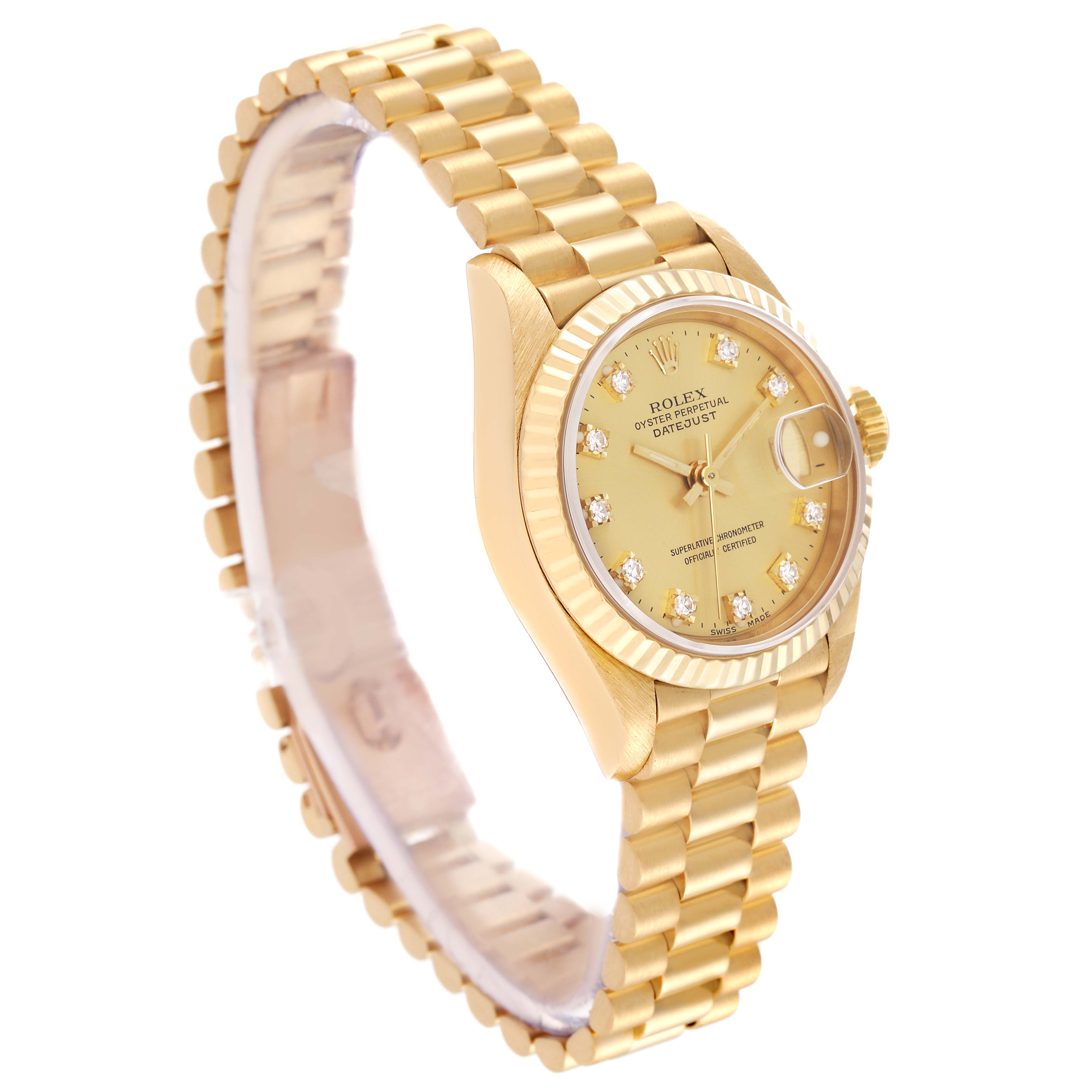 This image shows a Rolex President 69178 Women's Yellow Gold Champagne Dial 69178 Women's Yellow Gold Champagne Dial model watch at an angle highlighting the dial, bezel, crown, and bracelet.