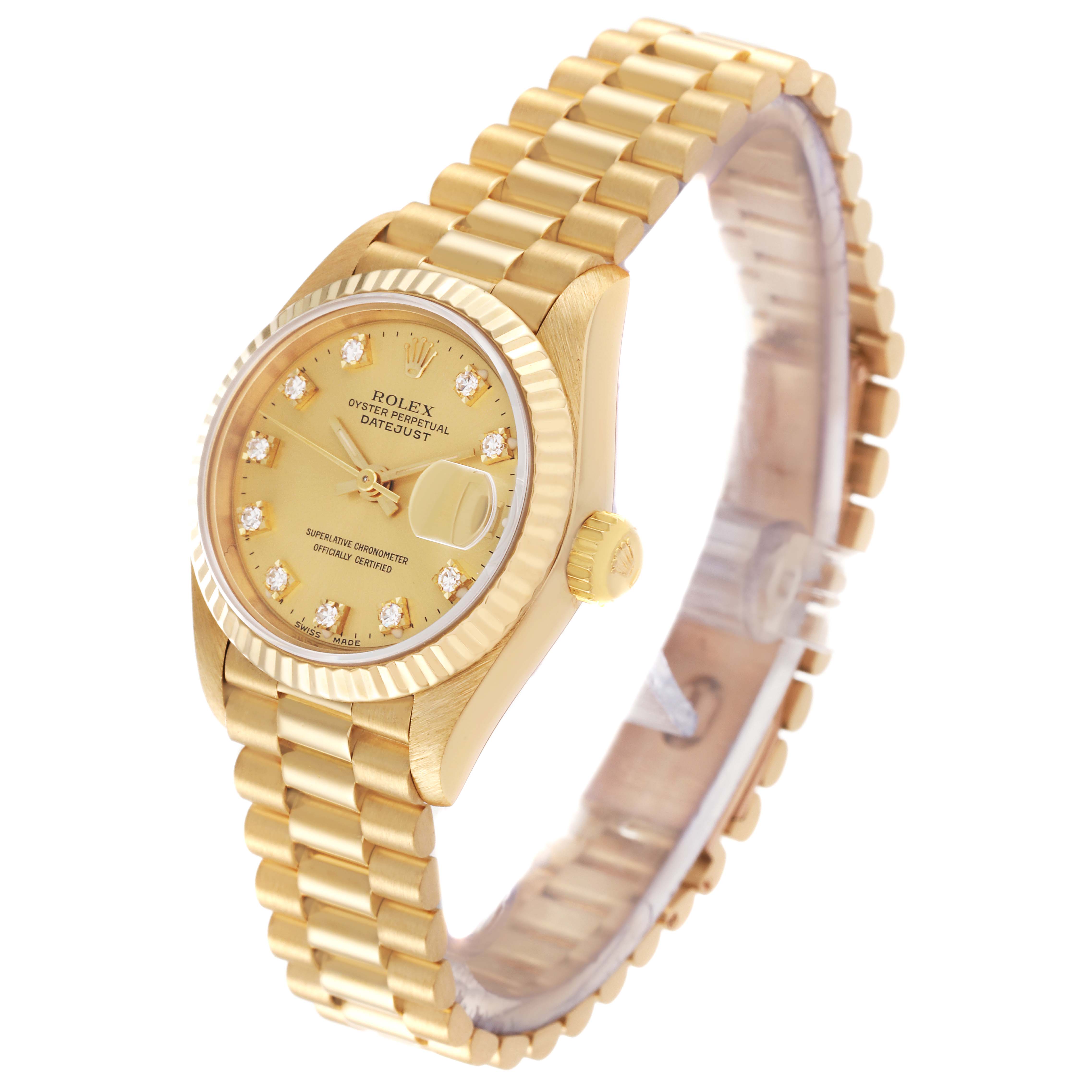 The Rolex President 69178 Women's Yellow Gold Champagne Dial 69178 Women's Yellow Gold Champagne Dial model is shown from a 3/4 angle, highlighting its gold case, dial, bracelet, and diamond hour markers.