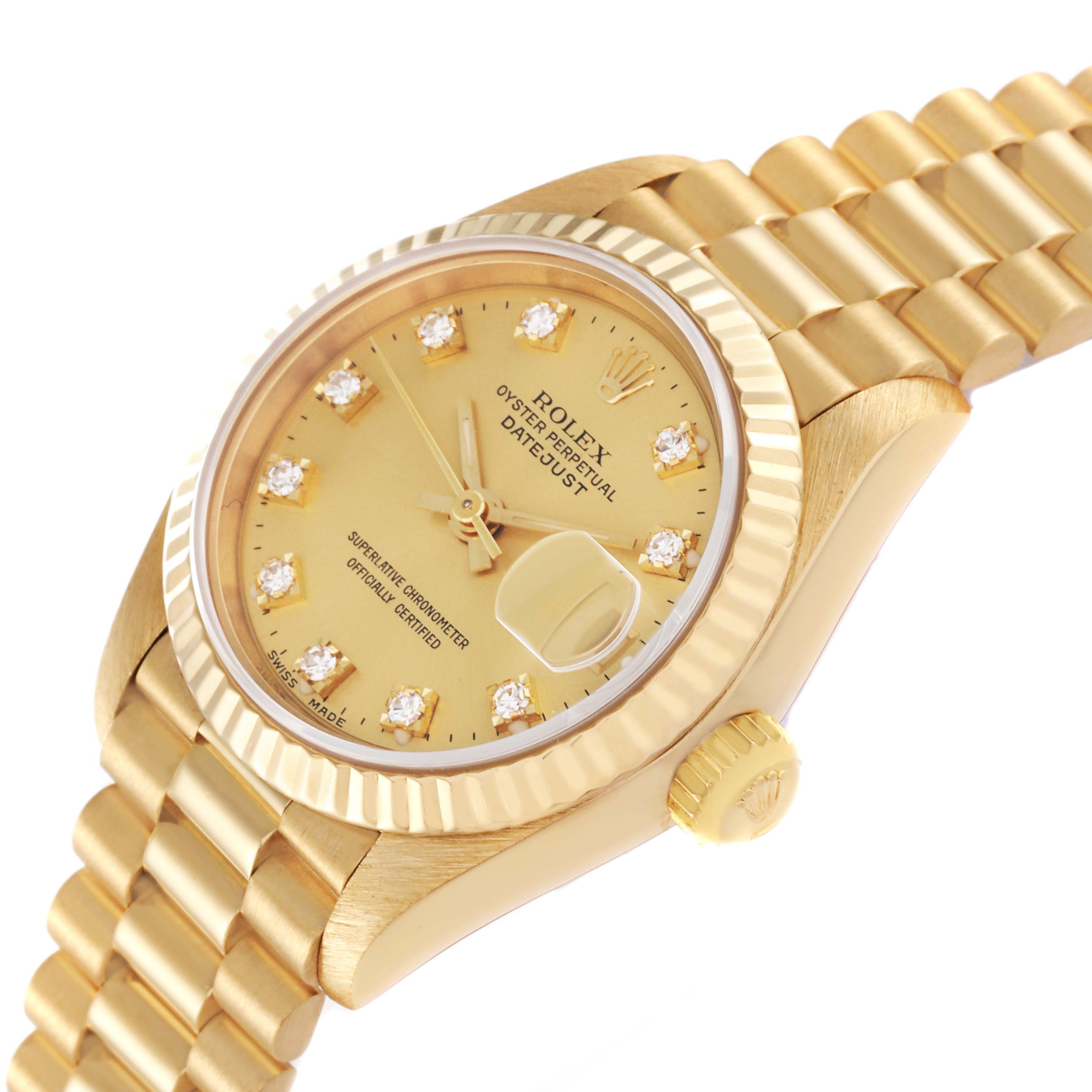 This image shows a close-up, diagonal view of the dial and crown of a Rolex President 69178 Women's Yellow Gold Champagne Dial 69178 Women's Yellow Gold Champagne Dial model watch.