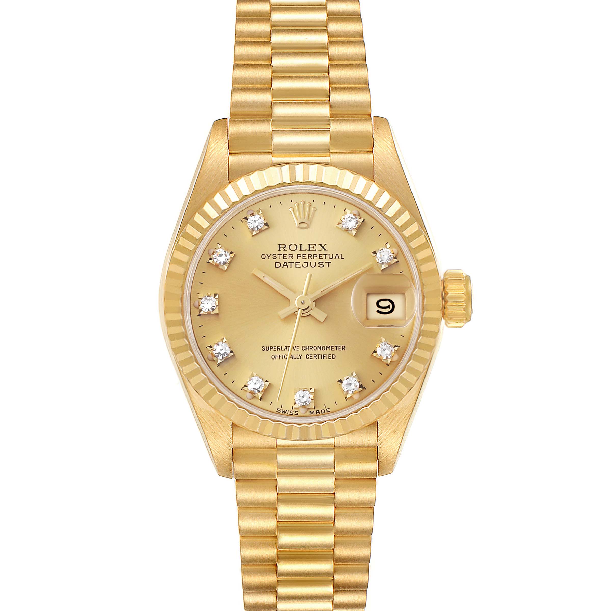 The Rolex President 69178 Women's Yellow Gold Champagne Dial 69178 Women's Yellow Gold Champagne Dial model watch is shown from a top-down angle, displaying the dial, bezel, bracelet, and crown.