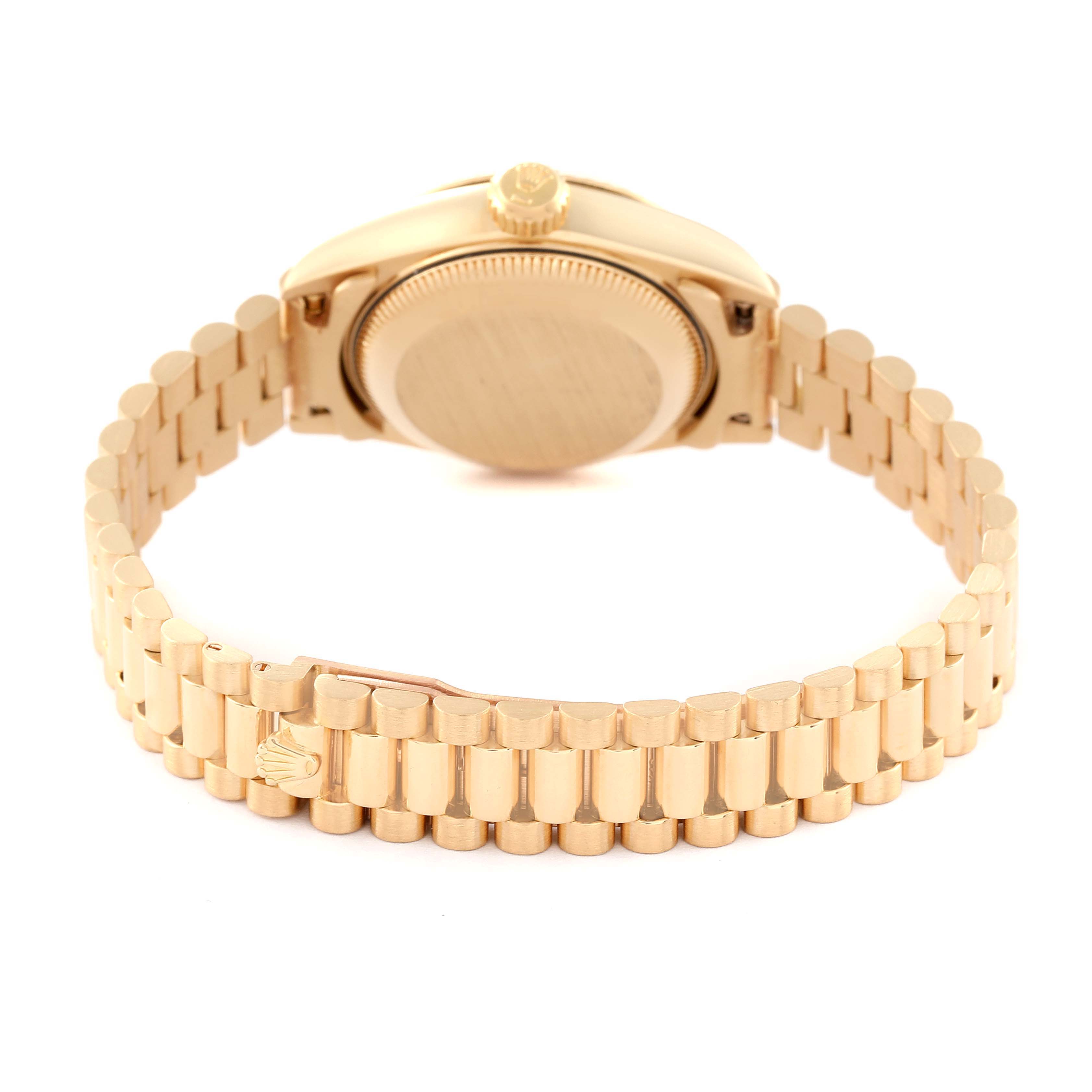 The image shows the back view of a Rolex President 69178 Women's Yellow Gold Champagne Dial 69178 Women's Yellow Gold Champagne Dial model watch, highlighting the case back, crown, and bracelet.