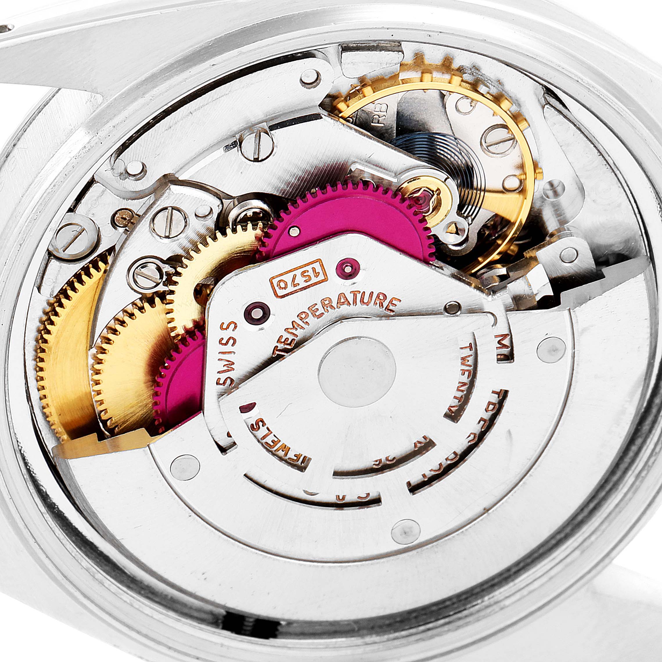 This close-up image shows the internal mechanical movement of the Rolex Vintage Collection 1603 Men
s Stainless Steel Silver Dial 1603 Men
s Stainless Steel Silver Dial watch.