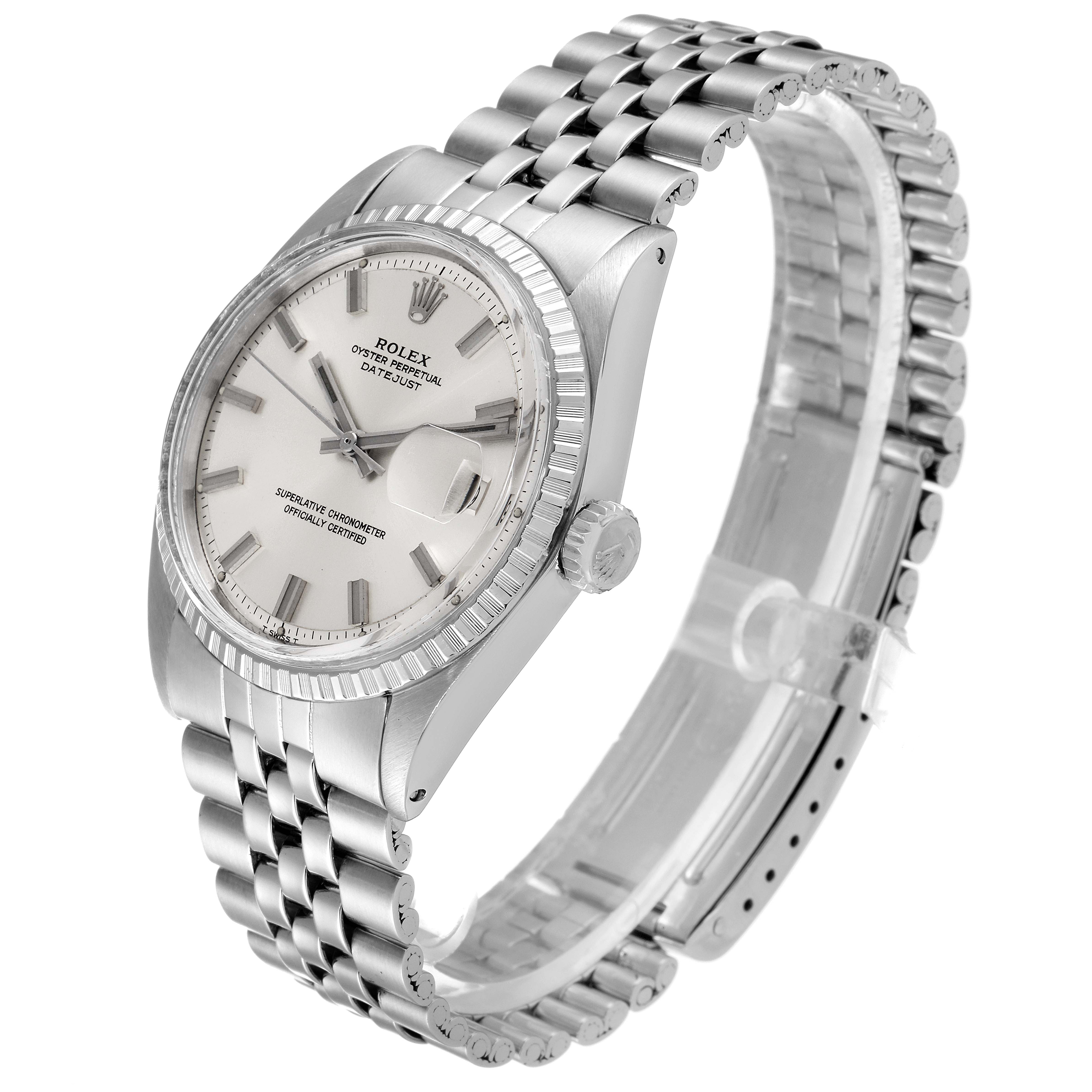The image shows a Rolex Vintage Collection 1603 Men
s Stainless Steel Silver Dial 1603 Men
s Stainless Steel Silver Dial model watch from a diagonal angle showcasing its face, bezel, crown, and bracelet.