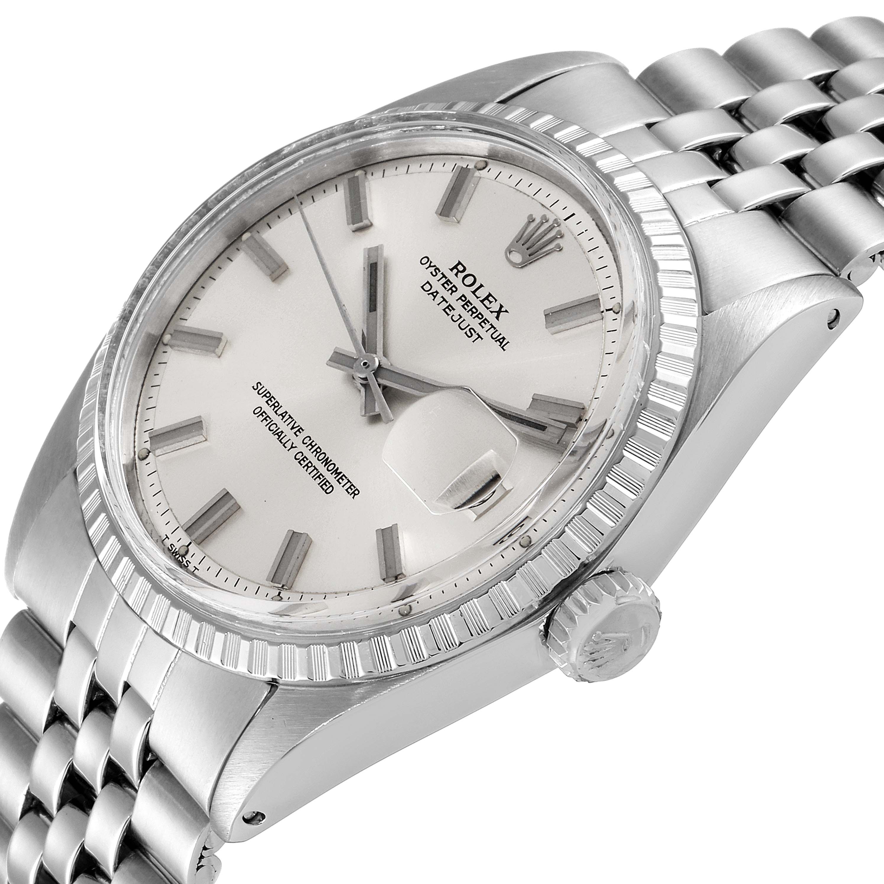 This image shows a Rolex Vintage Collection 1603 Men
s Stainless Steel Silver Dial 1603 Men
s Stainless Steel Silver Dial Datejust watch at a 3/4 angle, highlighting the dial, bezel, crown, and bracelet.
