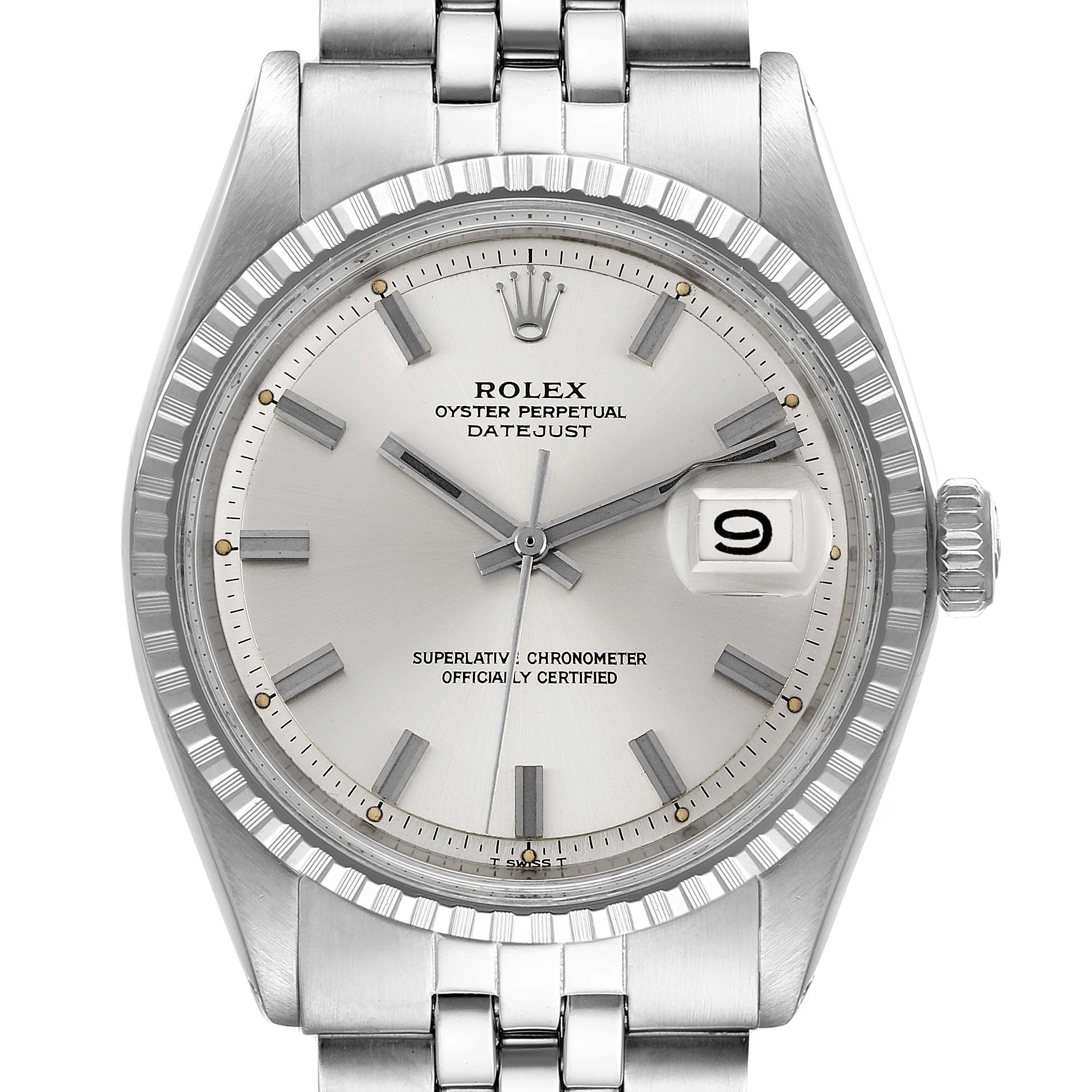 This image shows a close-up, front view of the Rolex Vintage Collection 1603 Men
s Stainless Steel Silver Dial 1603 Men
s Stainless Steel Silver Dial Datejust watch, highlighting the watch face, hands, and date window.