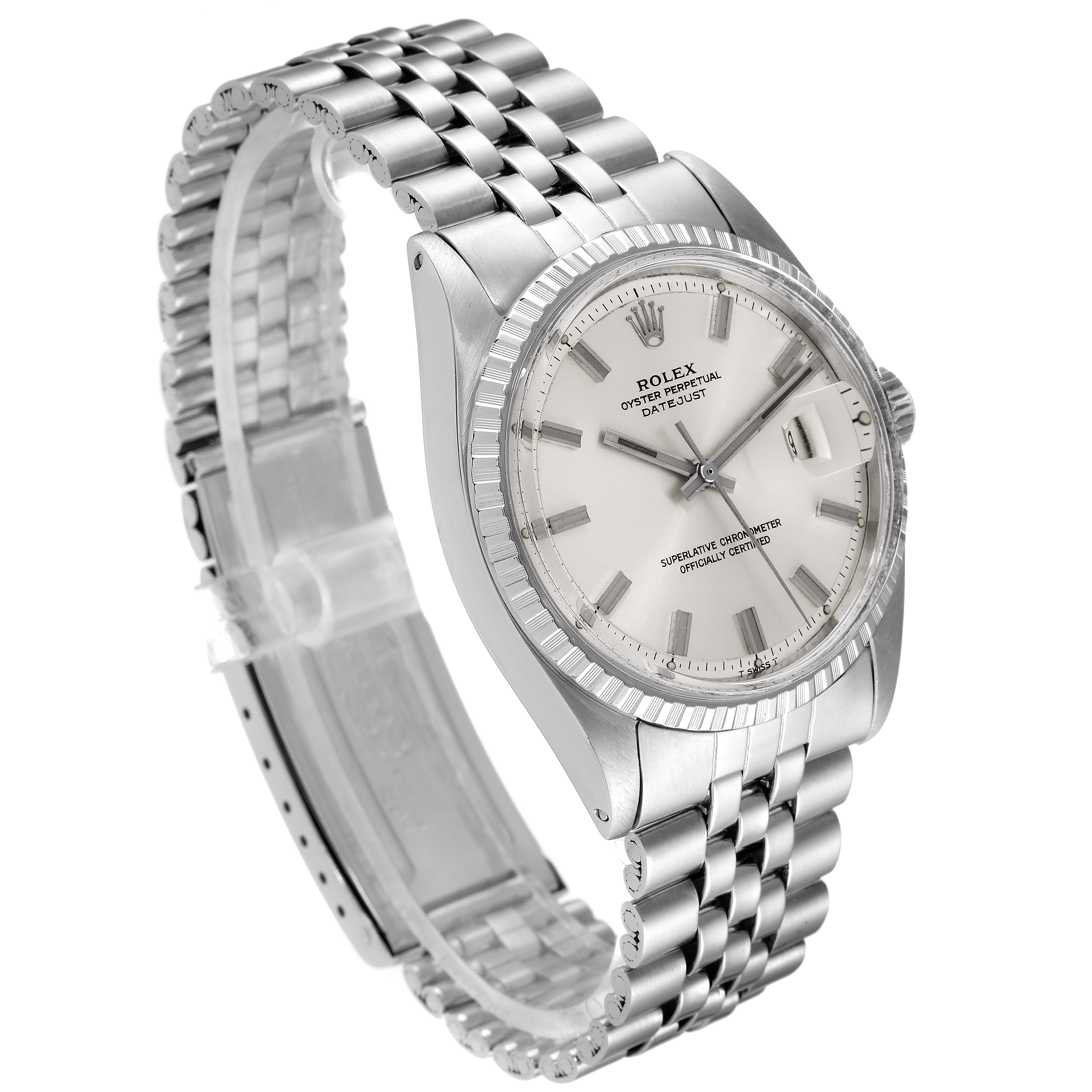 The image shows a Rolex Vintage Collection 1603 Men
s Stainless Steel Silver Dial 1603 Men
s Stainless Steel Silver Dial watch at a 3/4 angle, highlighting the face, bezel, and bracelet.