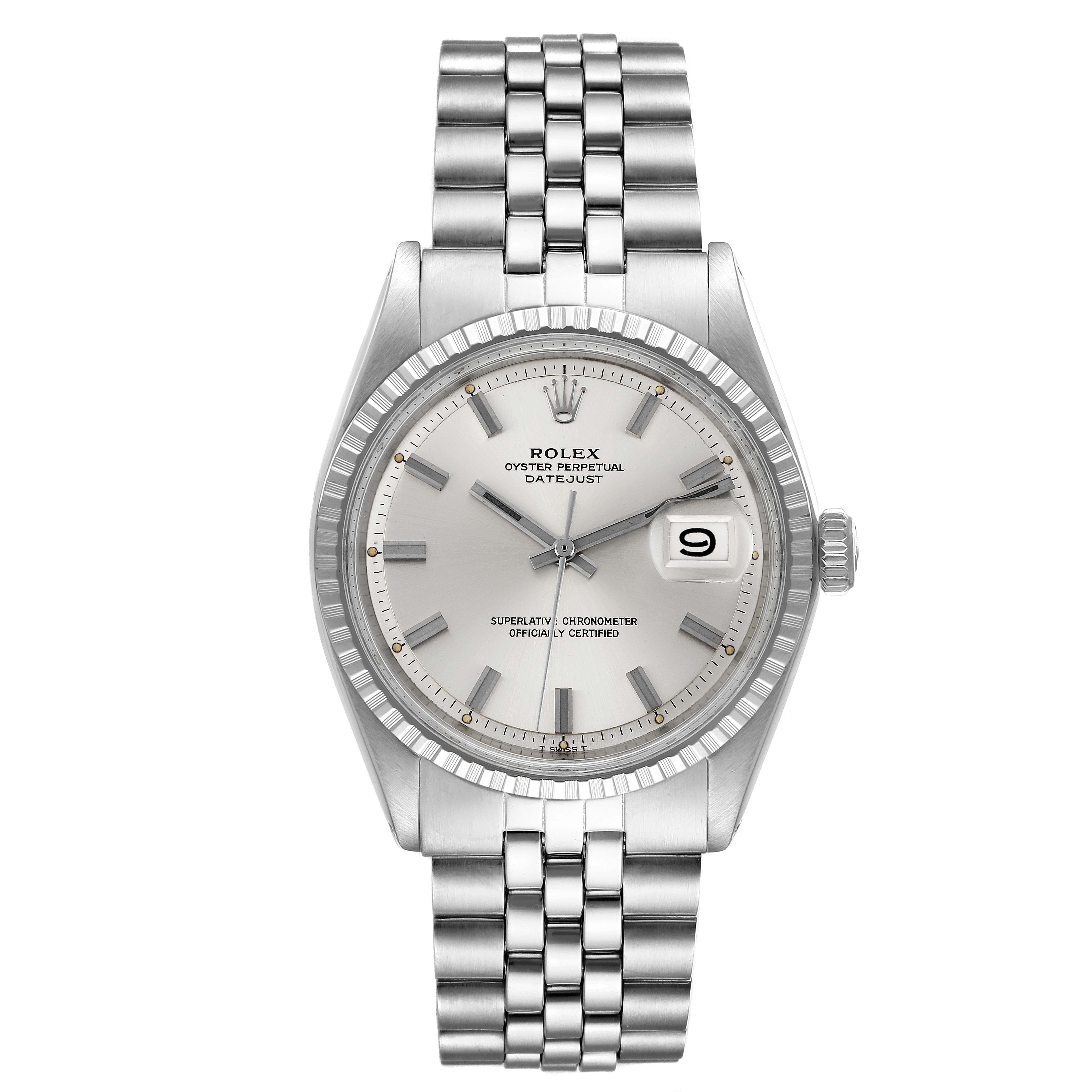 This image shows a Rolex Vintage Collection 1603 Men
s Stainless Steel Silver Dial 1603 Men
s Stainless Steel Silver Dial model watch from a front angle, featuring its dial, bracelet, and date window.