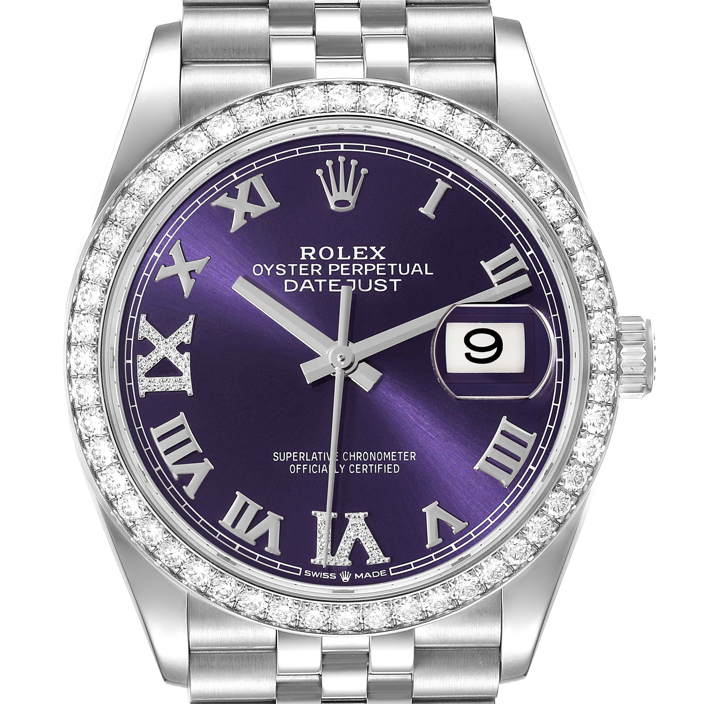 This image shows a front view of the Rolex Datejust 126284RBR Men's Stainless Steel Purple Dial 126284RBR Men's Stainless Steel Purple Dial watch, focusing on its purple dial, diamond bezel, and date window.