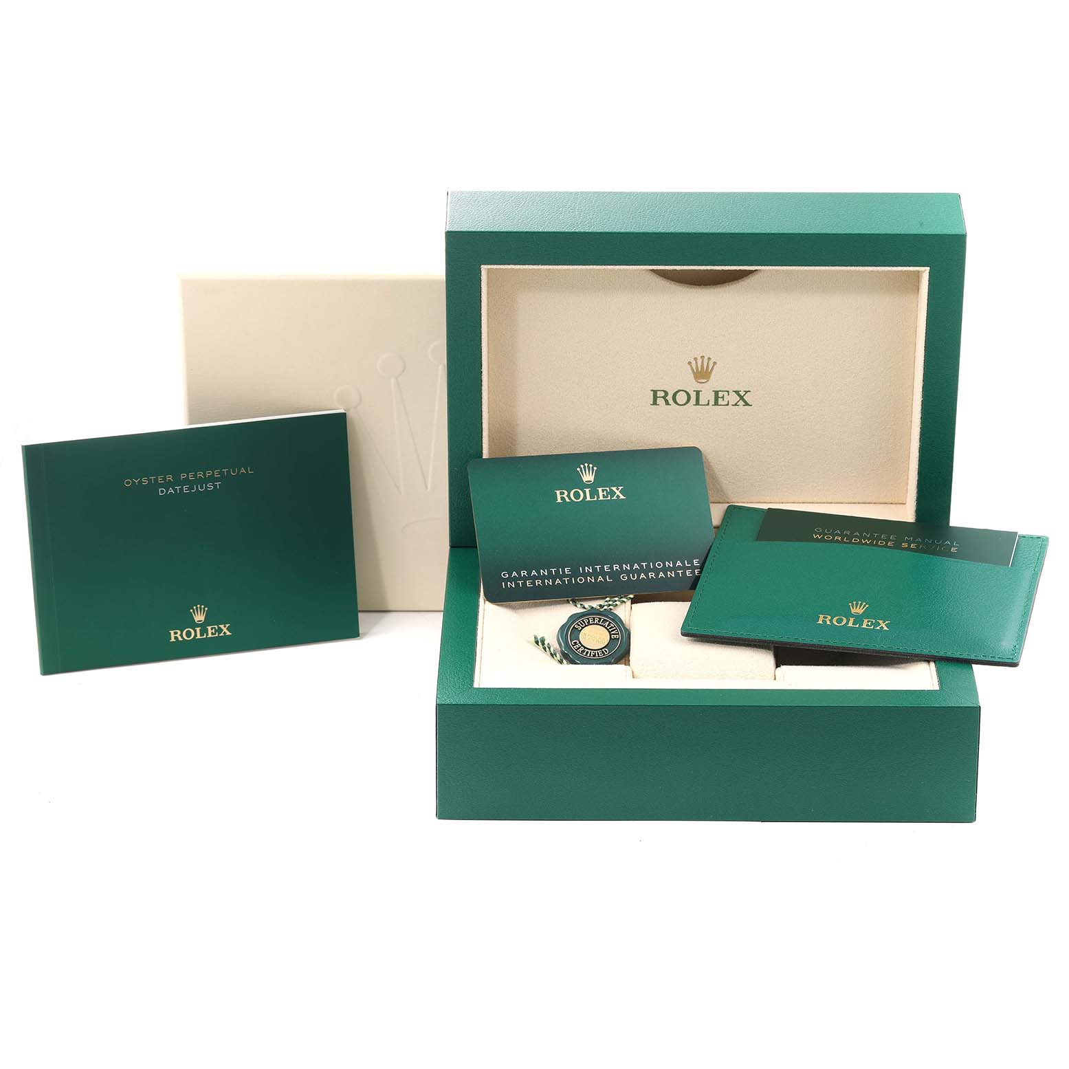 The image shows the packaging, warranty cards, and booklet of a Rolex Datejust 126284RBR Men's Stainless Steel Purple Dial 126284RBR Men's Stainless Steel Purple Dial watch, displayed from the front angle.