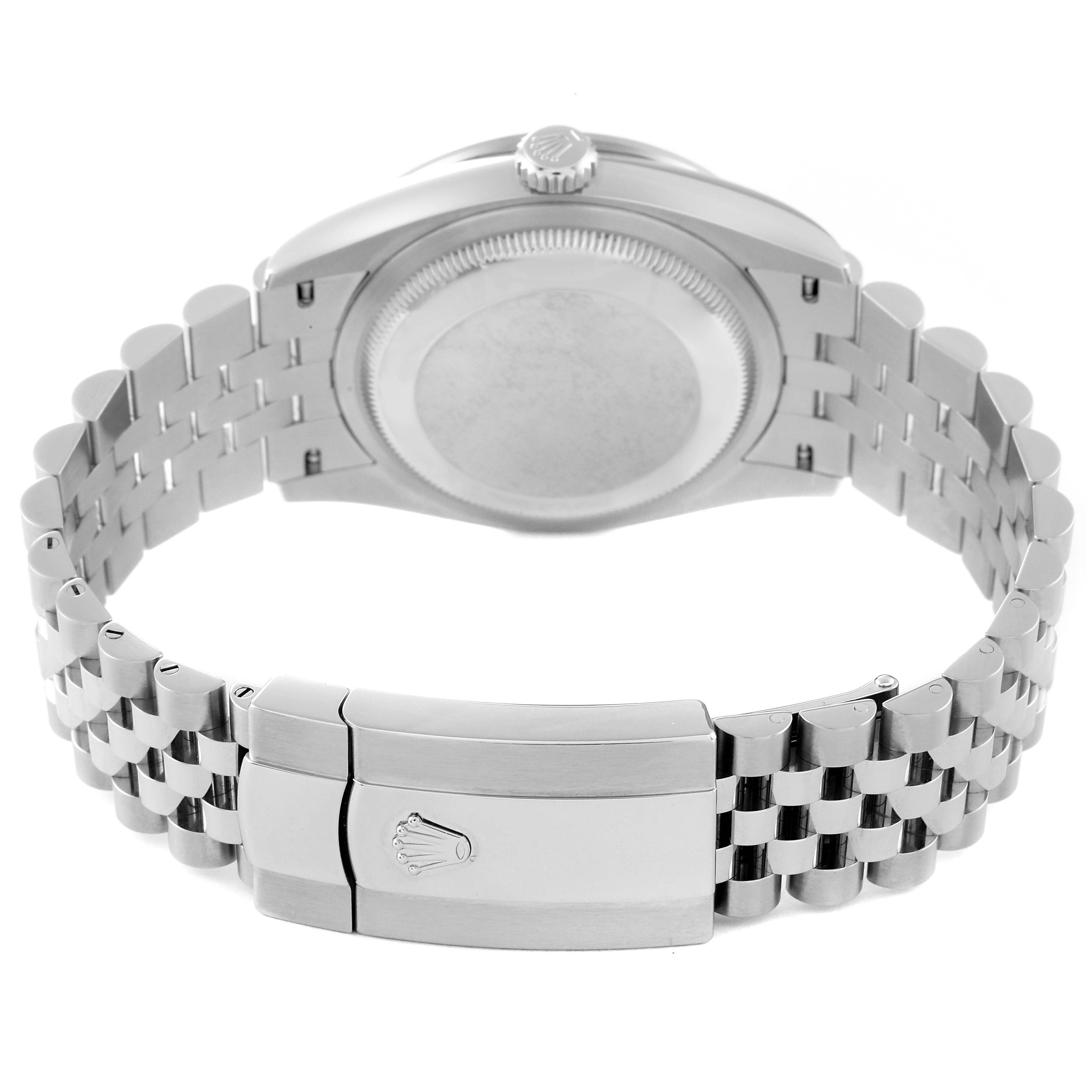 The image shows the back, bracelet, and clasp of a Rolex Datejust 126284RBR Men's Stainless Steel Purple Dial 126284RBR Men's Stainless Steel Purple Dial watch.