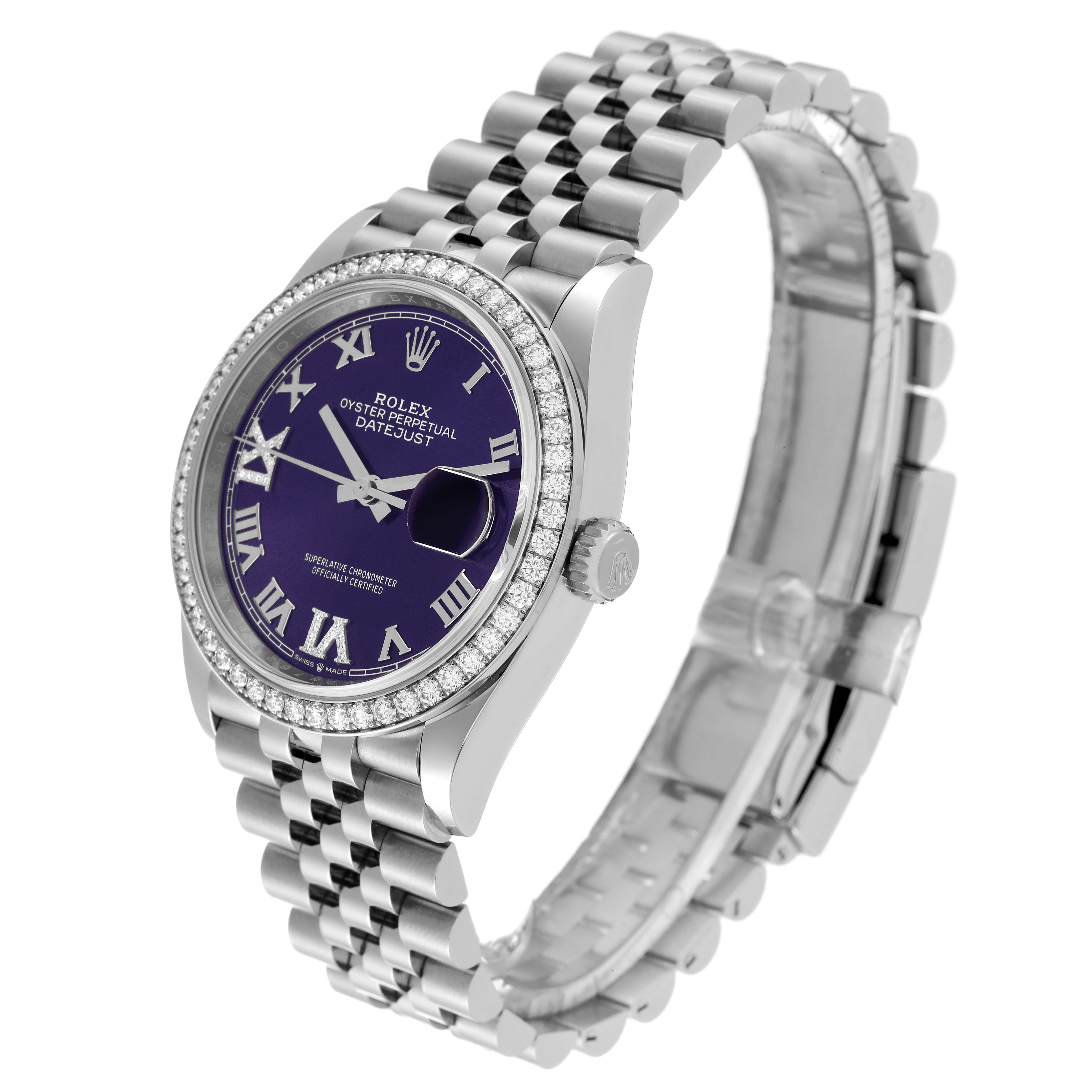 A Rolex Datejust 126284RBR Men's Stainless Steel Purple Dial 126284RBR Men's Stainless Steel Purple Dial watch shown at a 3/4 angle view featuring the case, bracelet, dial, and crown.