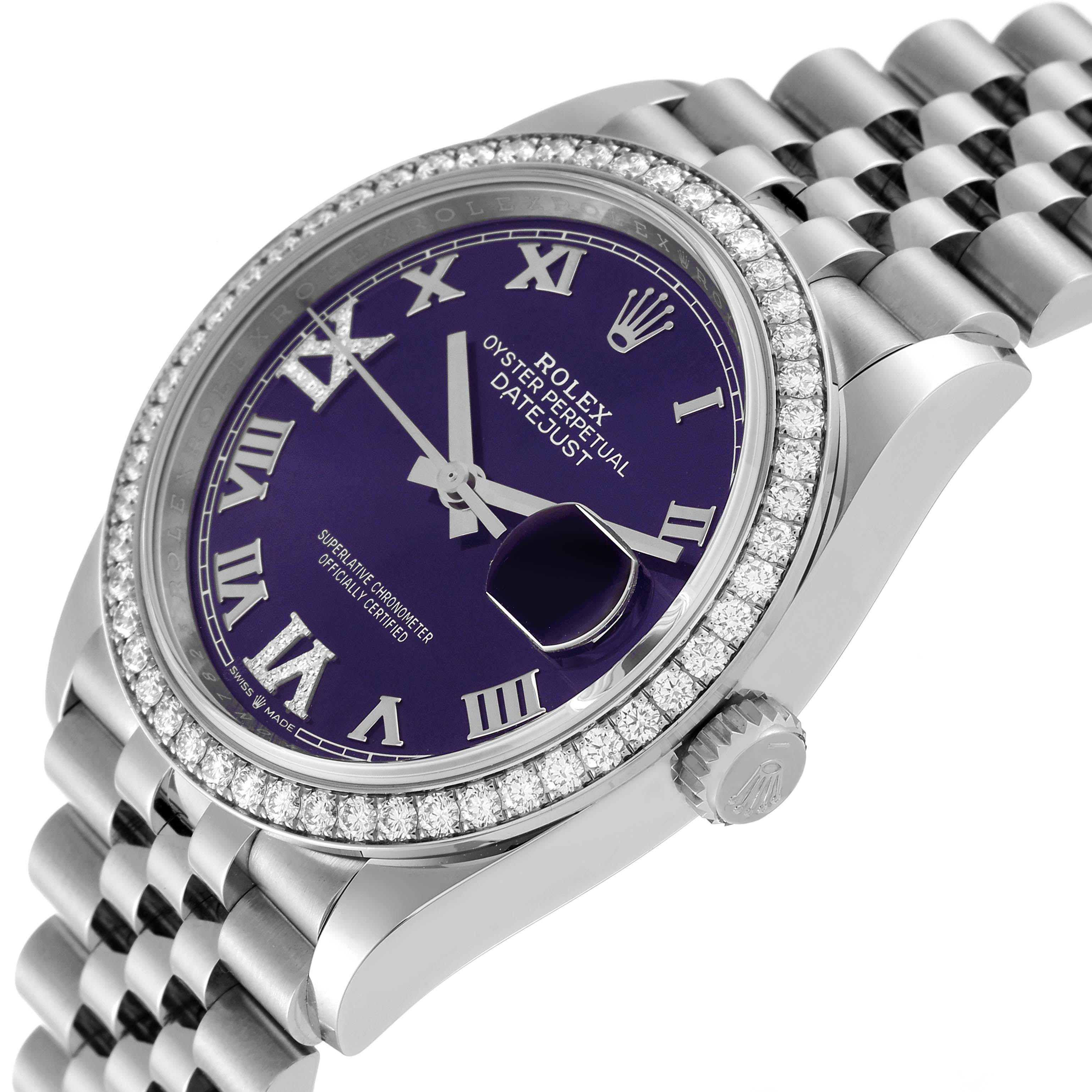 The image shows a close-up angle of a Rolex Datejust 126284RBR Men's Stainless Steel Purple Dial 126284RBR Men's Stainless Steel Purple Dial watch, highlighting its dial, bezel, and bracelet.